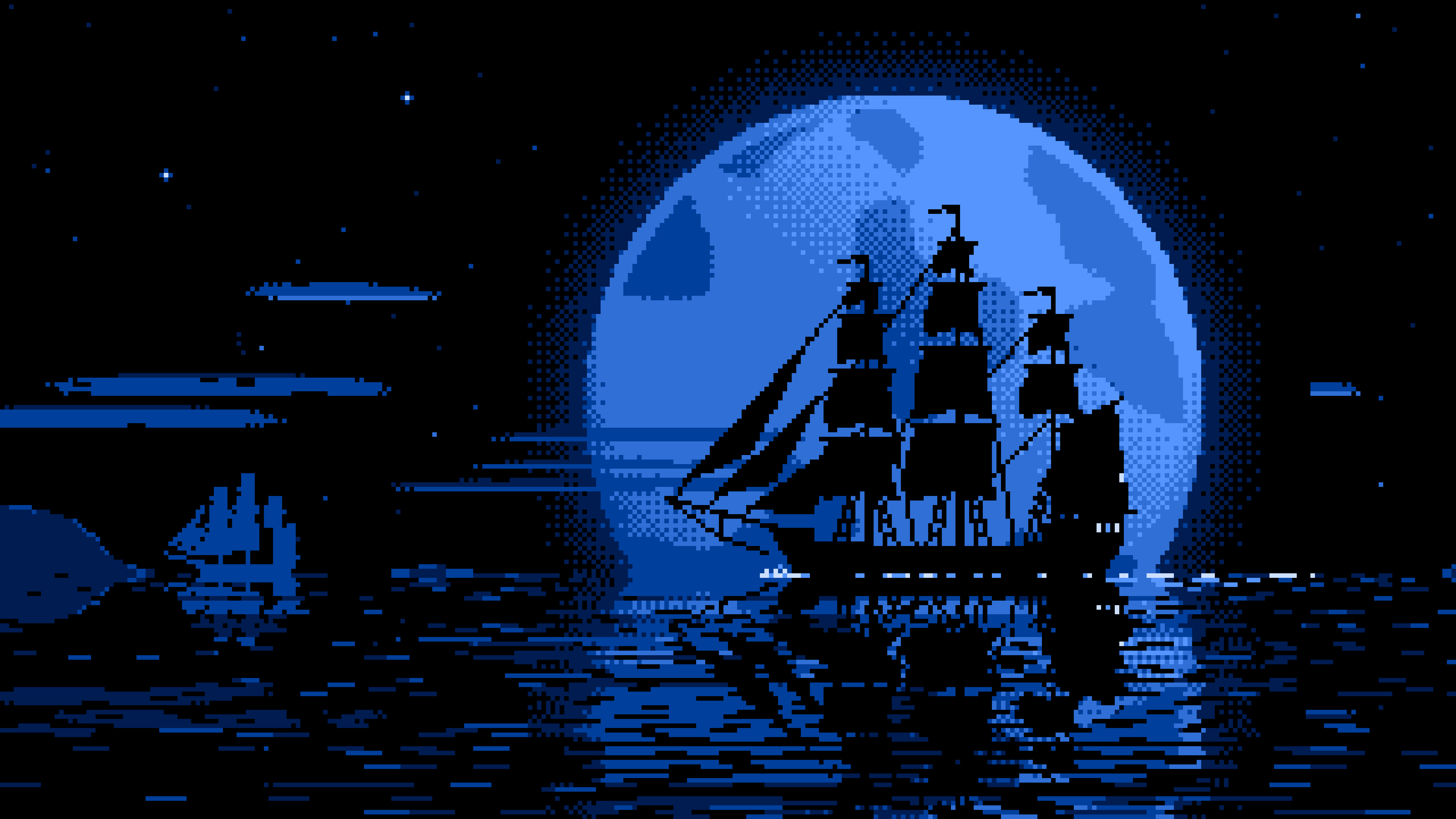 Blue Pixel Art Sailing Ship and Full Moon desktop wallpaper in 4K