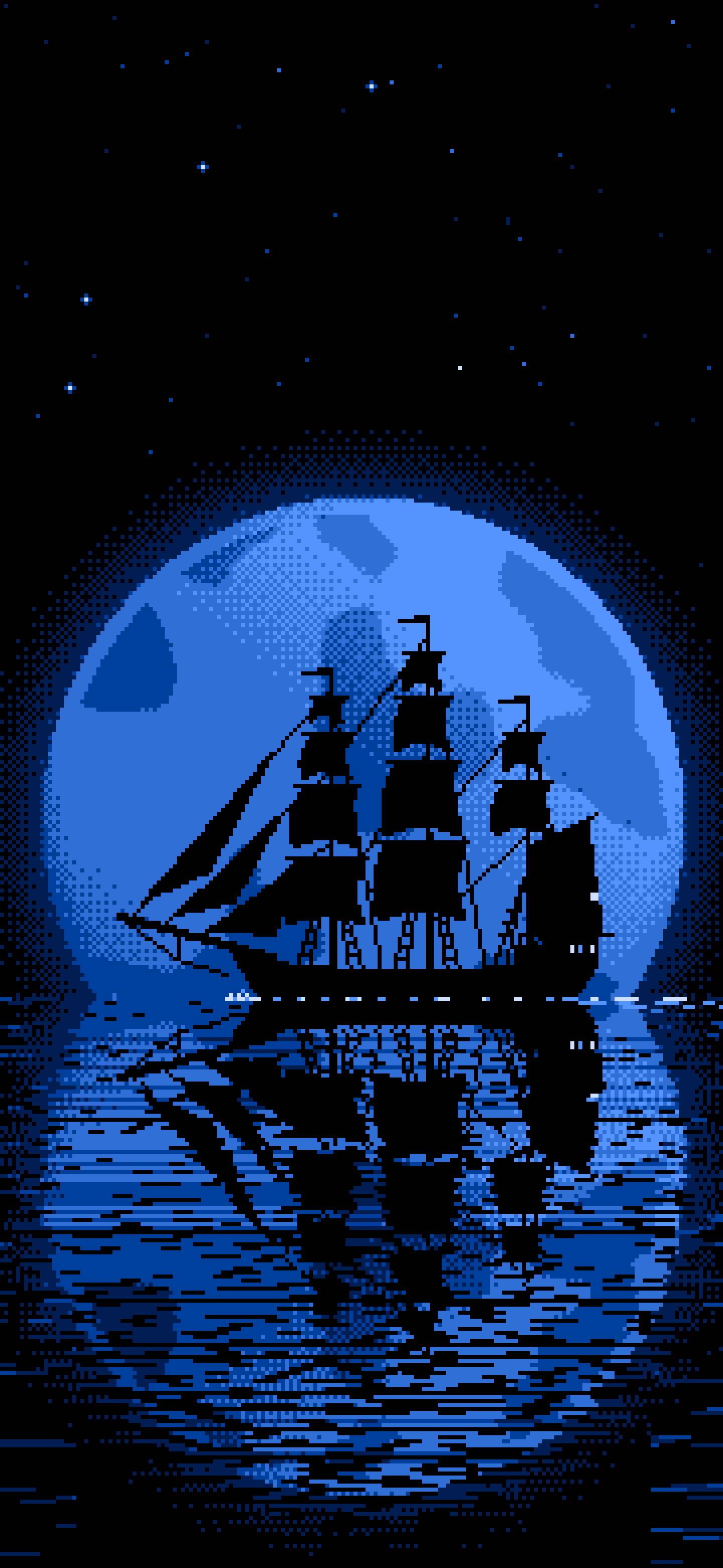 Blue Pixel Art Sailing Ship and Full Moon wallpaper for iPhone and Android