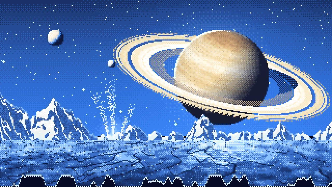 Blue Pixel Art Saturn Over an Icy World desktop wallpaper in 4K