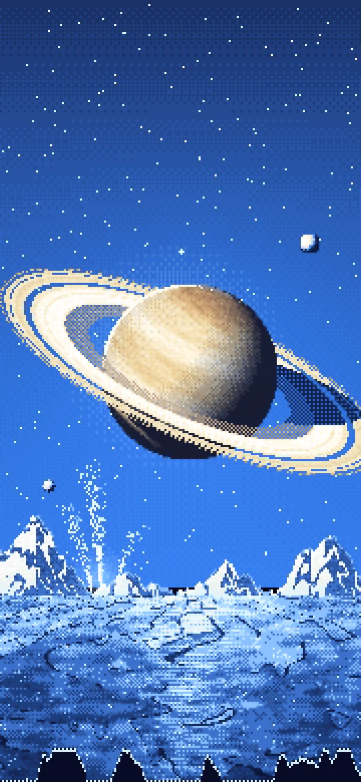 Blue Pixel Art Saturn Over an Icy World wallpaper for iPhone and Android