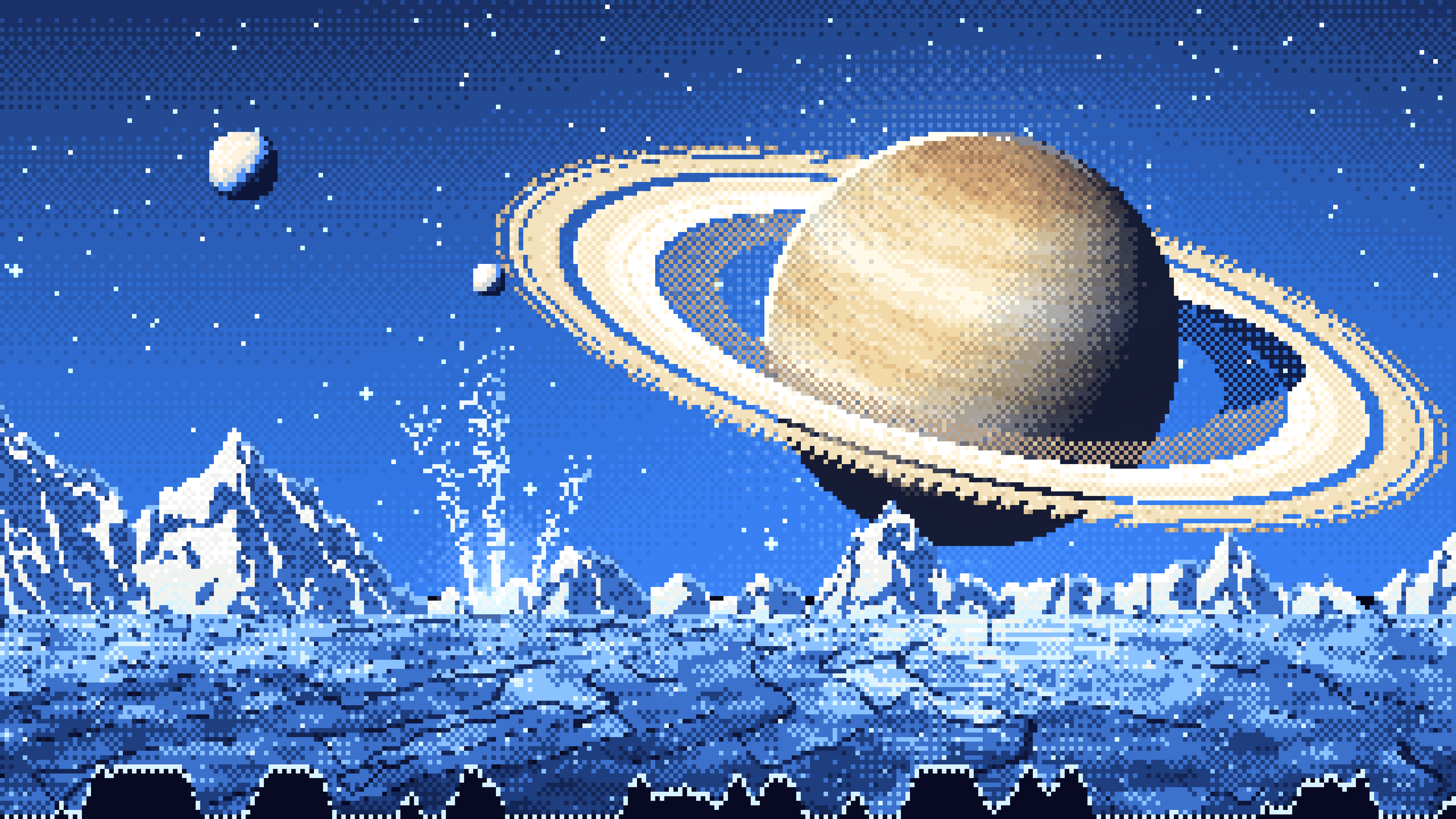 Blue Pixel Art Saturn Over an Icy World desktop wallpaper in 4K