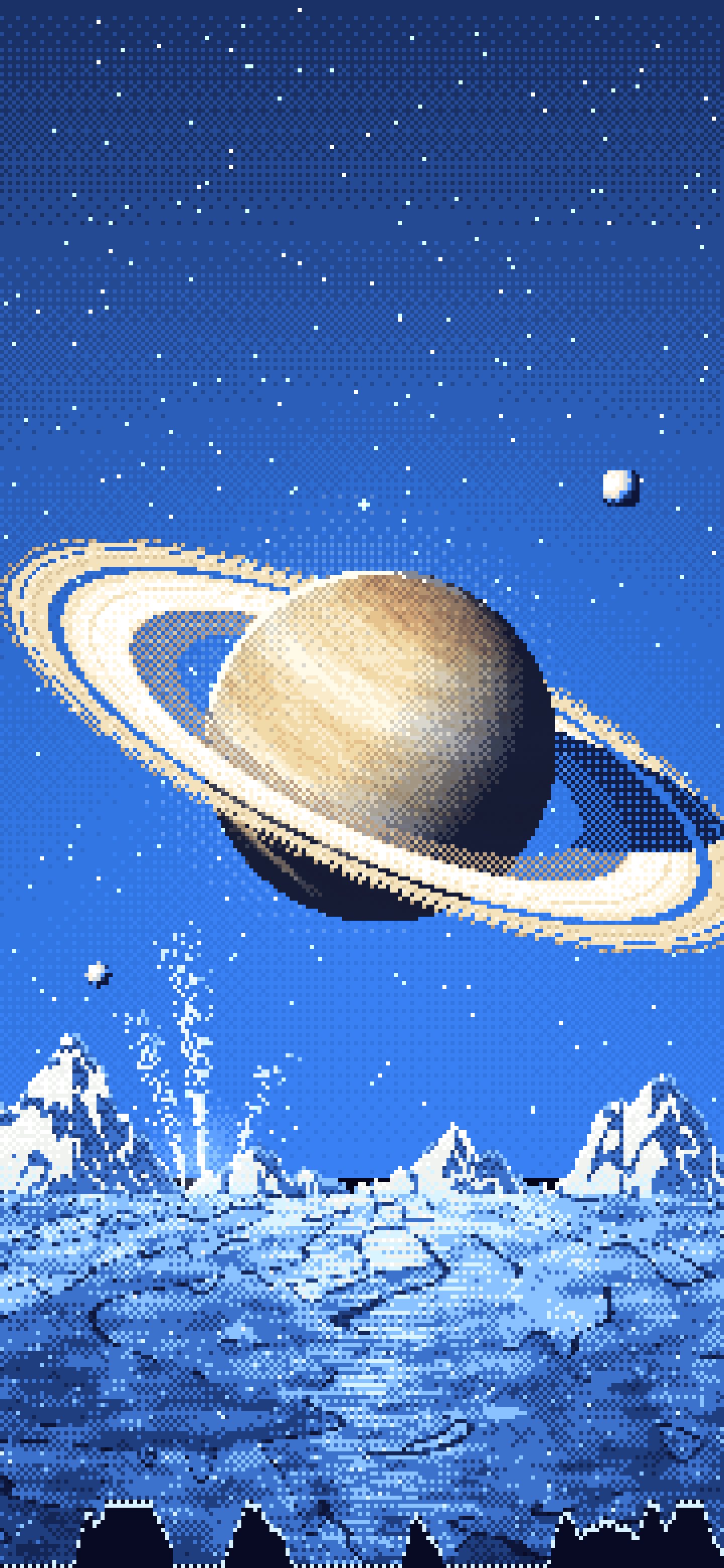 Blue Pixel Art Saturn Over an Icy World wallpaper for iPhone and Android