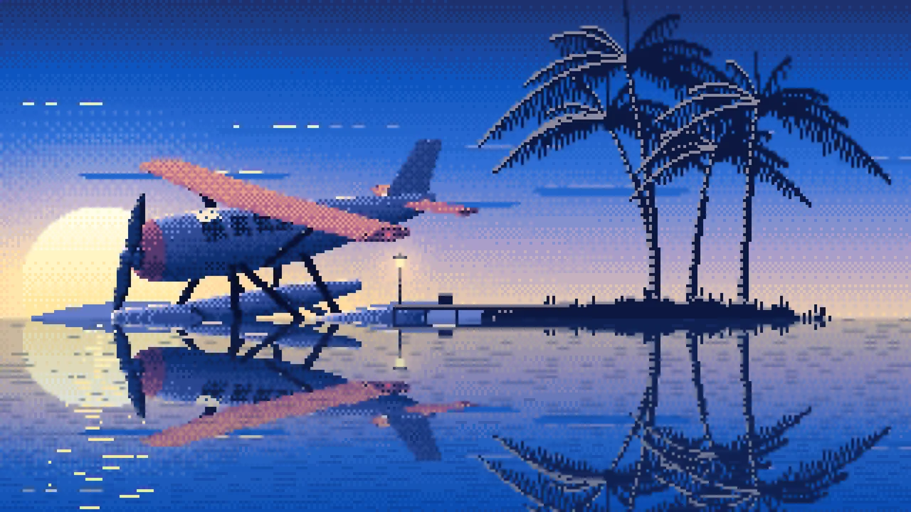 Blue Pixel Art Seaplane at a Tropical Dock desktop wallpaper in 4K