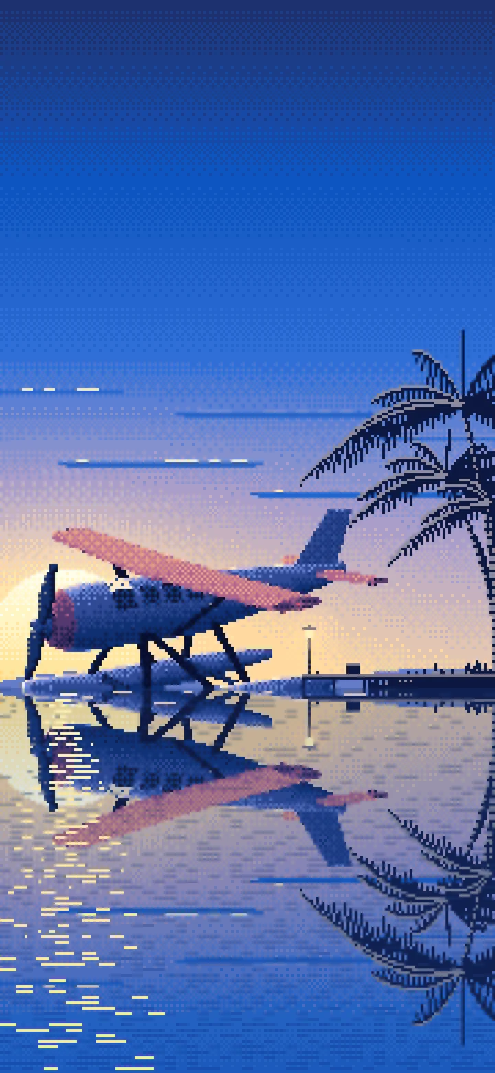 Blue Pixel Art Seaplane at a Tropical Dock wallpaper for iPhone and Android
