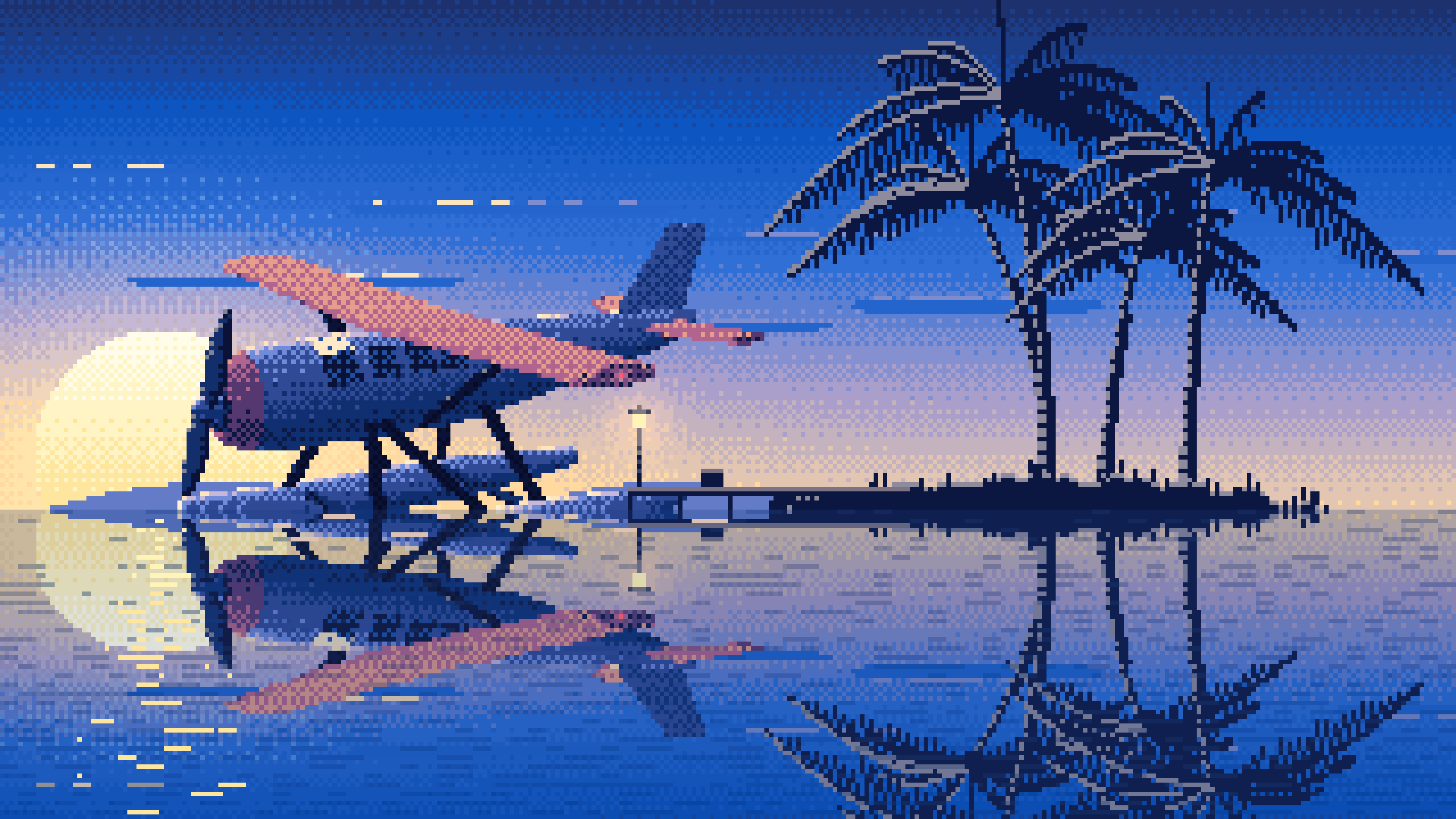Blue Pixel Art Seaplane at a Tropical Dock desktop wallpaper in 4K