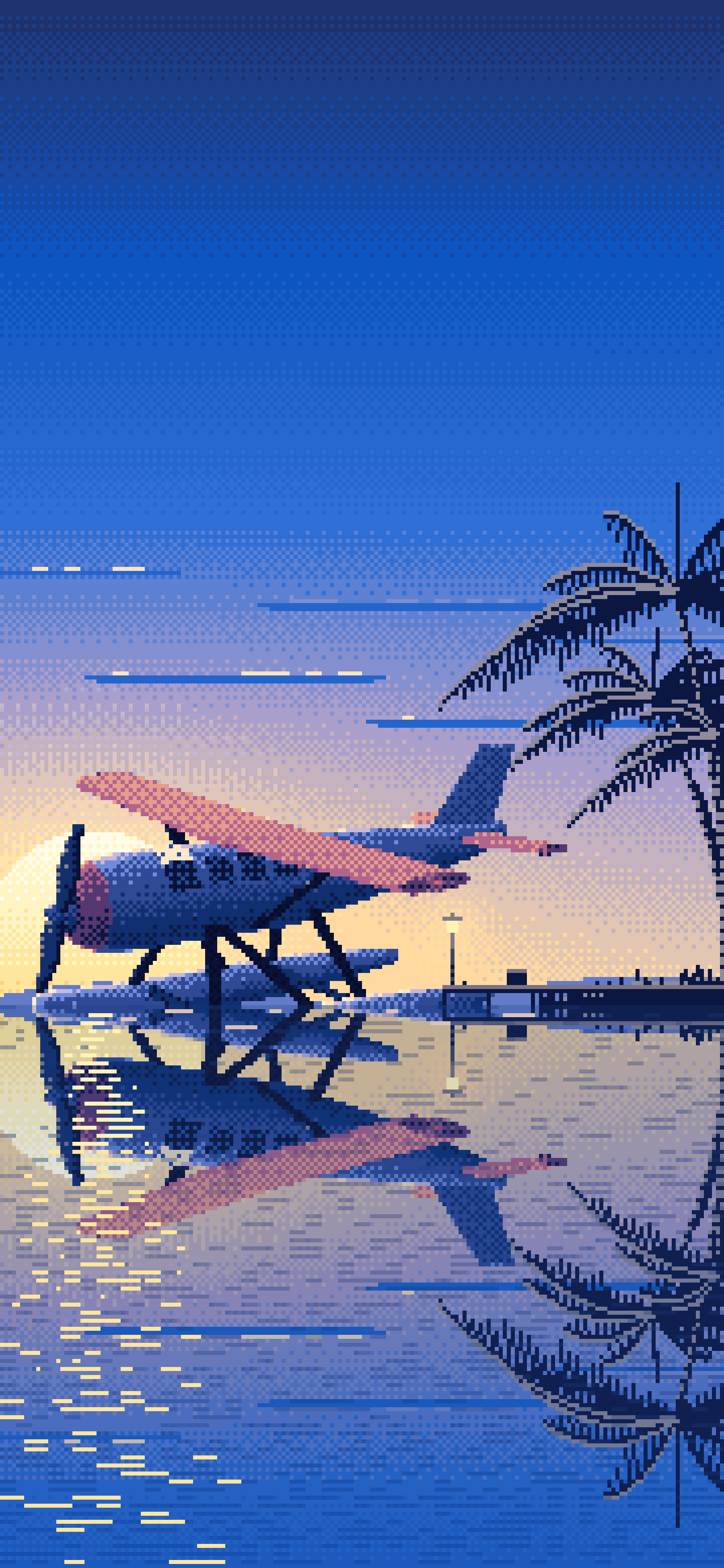 Blue Pixel Art Seaplane at a Tropical Dock wallpaper for iPhone and Android