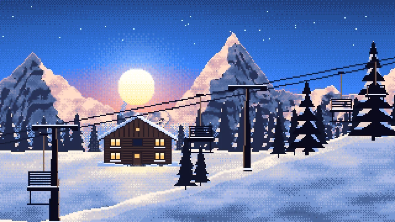 Blue Pixel Art Ski Lift at Sunset desktop wallpaper in 4K