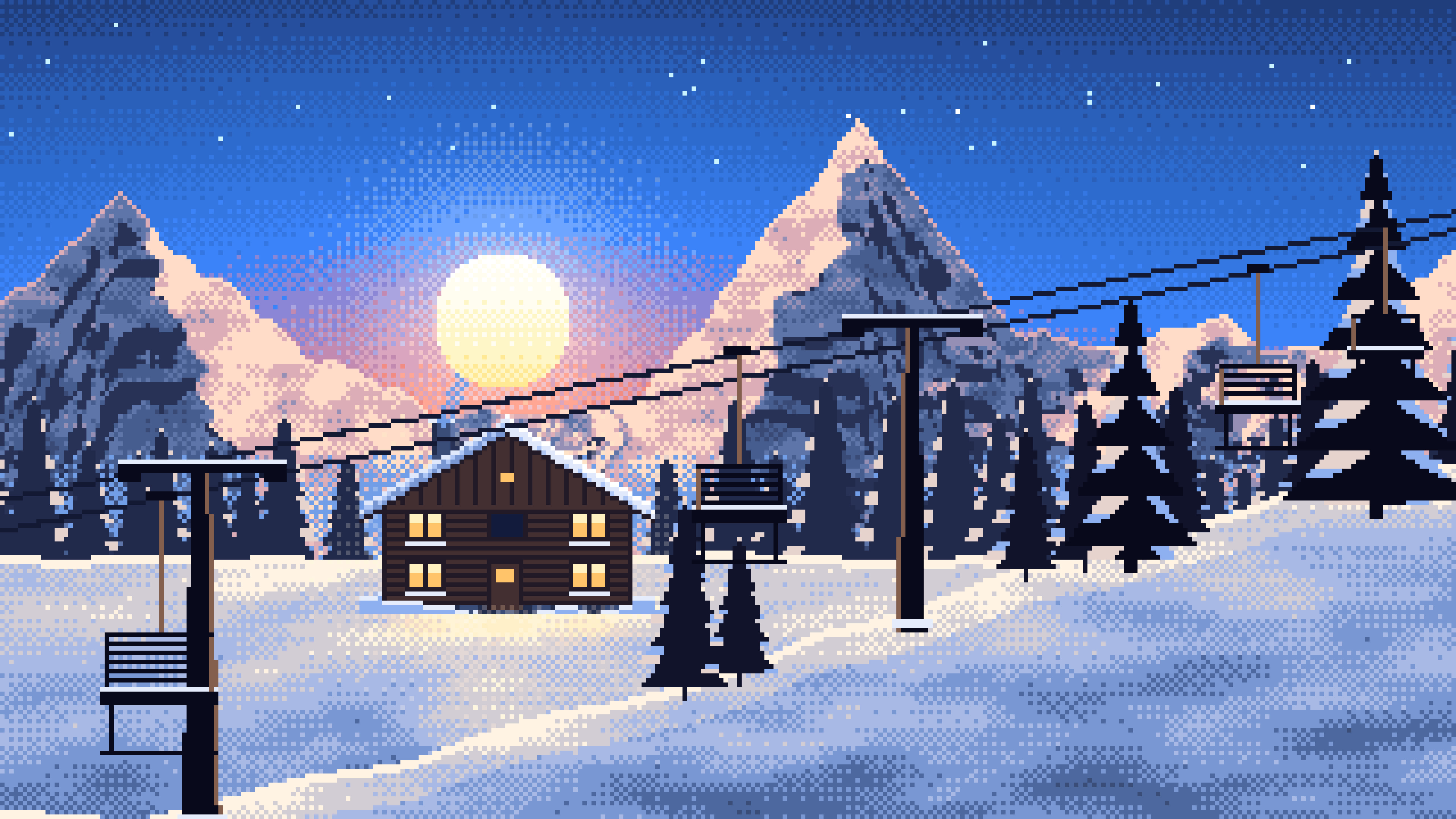 Blue Pixel Art Ski Lift at Sunset desktop wallpaper in 4K