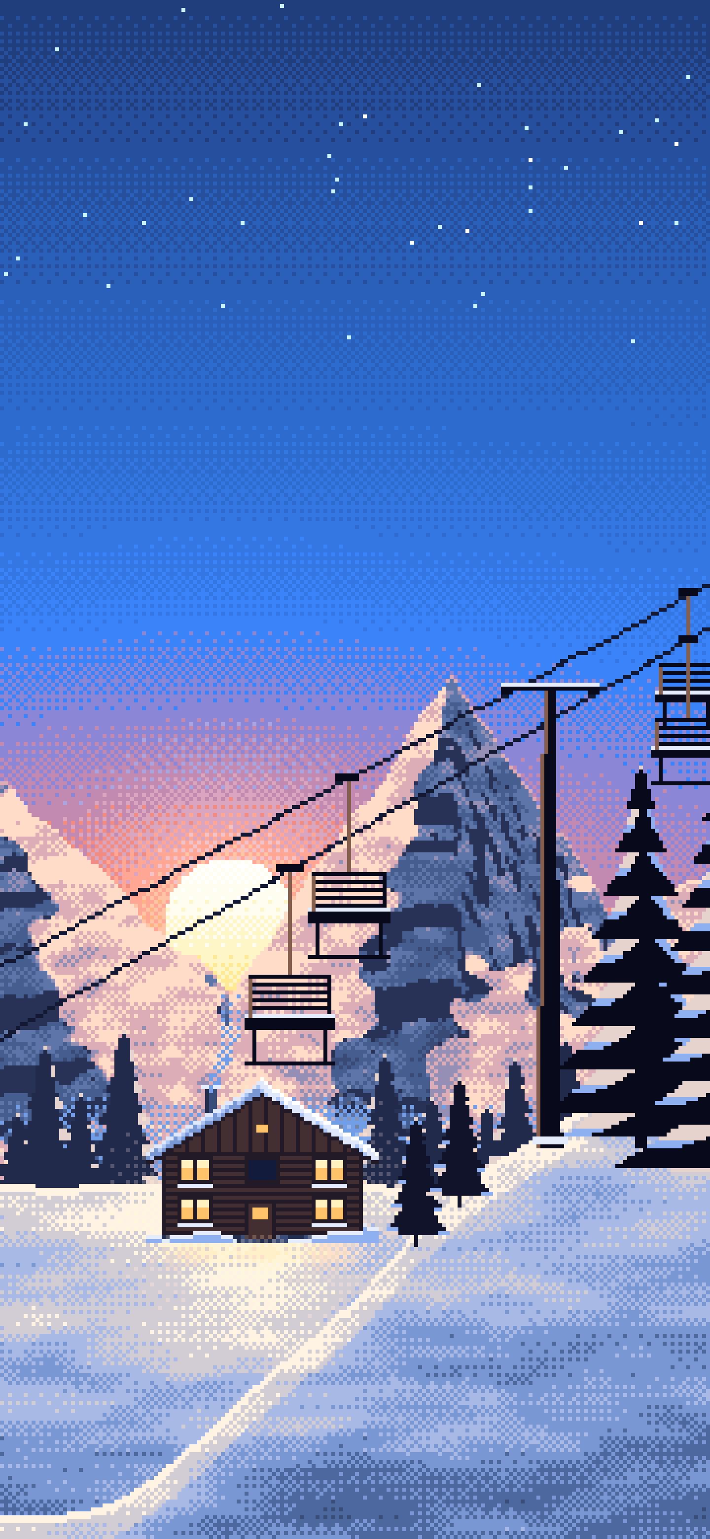 Blue Pixel Art Ski Lift at Sunset wallpaper for iPhone and Android