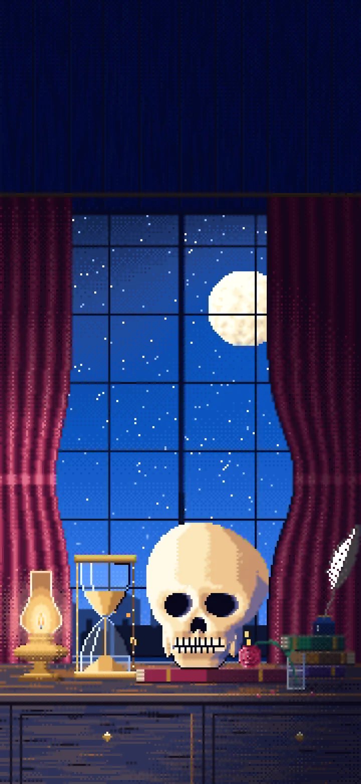 Blue Pixel Art Skull and Hourglass by Lamplight wallpaper for iPhone and Android