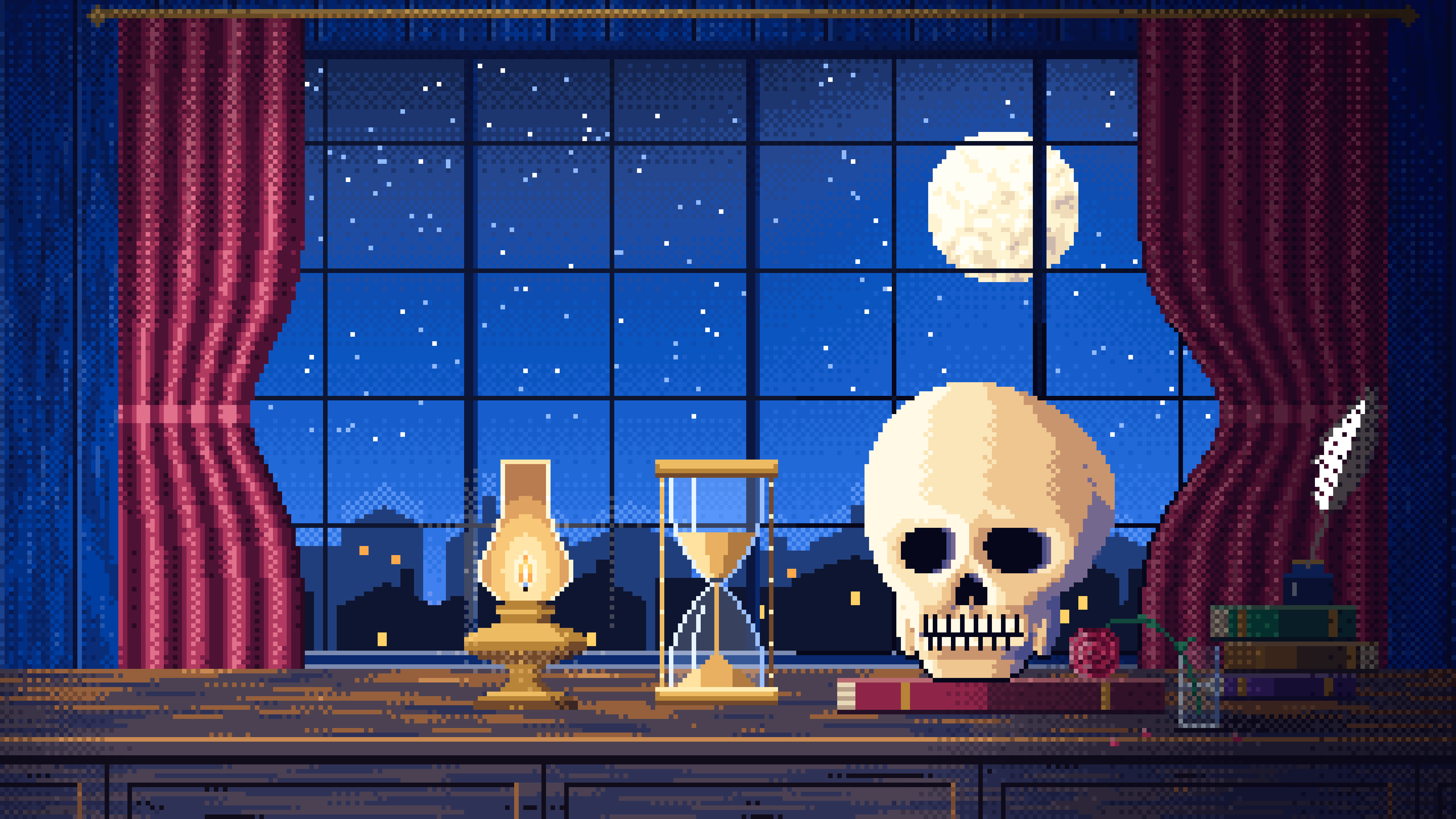 Blue Pixel Art Skull and Hourglass by Lamplight desktop wallpaper in 4K