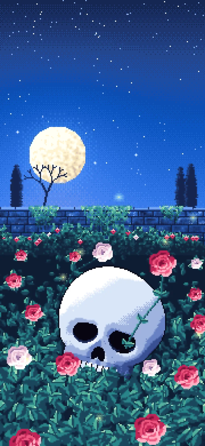 Blue Pixel Art Skull and Roses by Moonlight wallpaper for iPhone and Android
