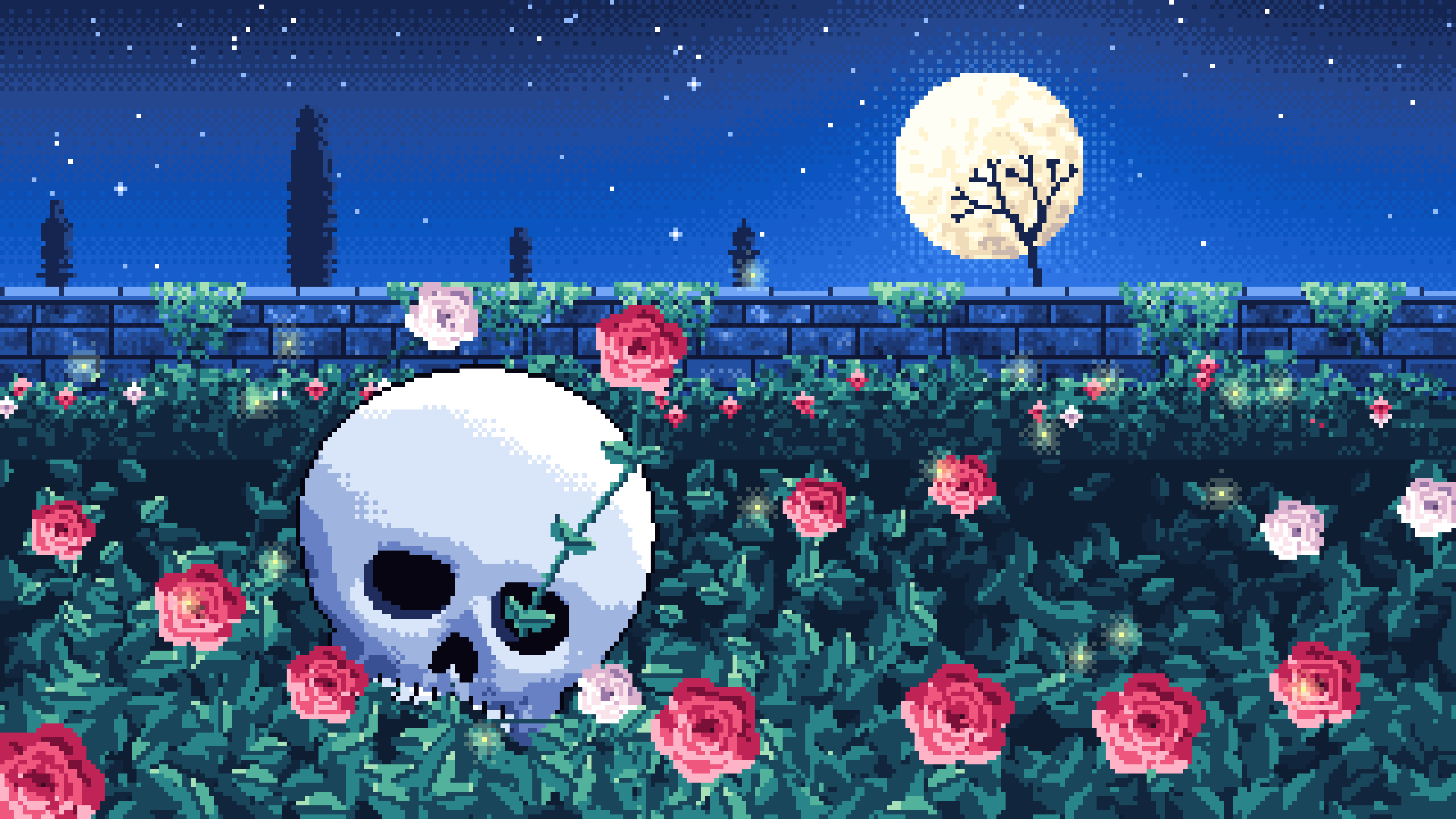 Blue Pixel Art Skull and Roses by Moonlight desktop wallpaper in 4K