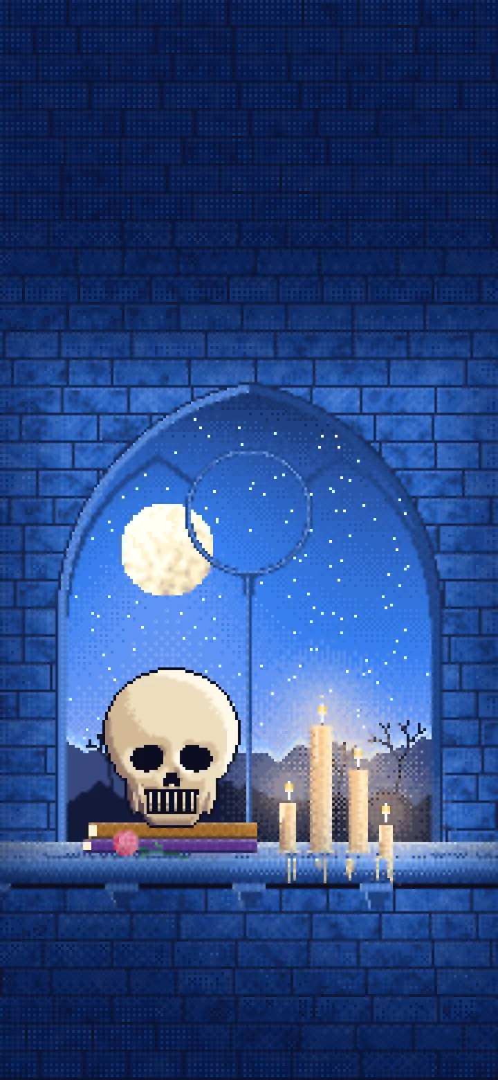 Blue Pixel Art Skull by Candlelight wallpaper for iPhone and Android
