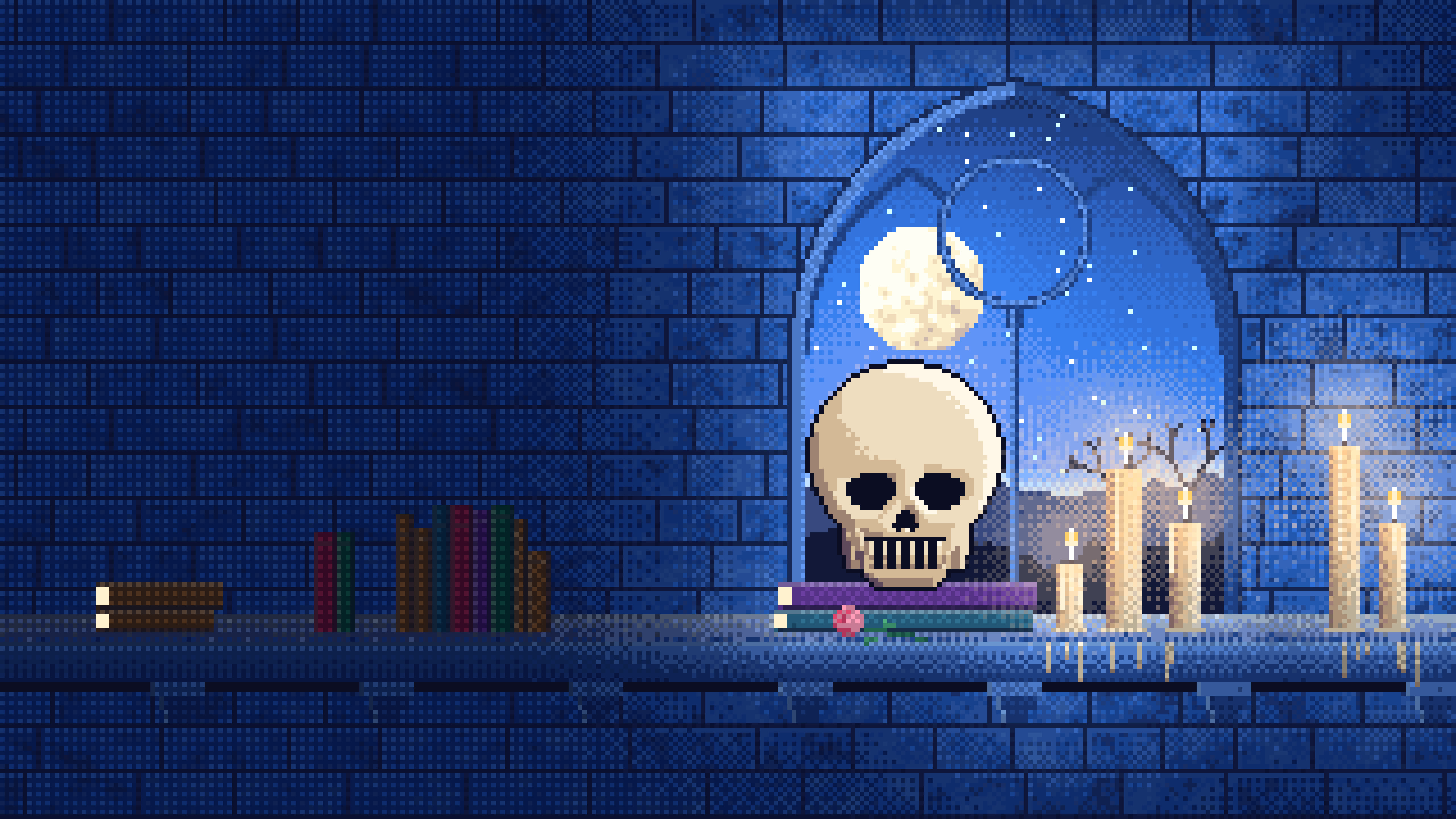 Blue Pixel Art Skull by Candlelight desktop wallpaper in 4K