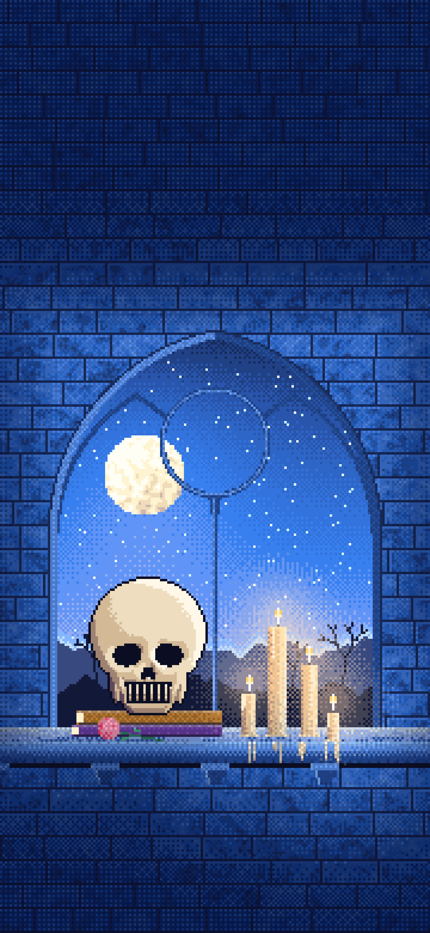 Blue Pixel Art Skull by Candlelight wallpaper for iPhone and Android