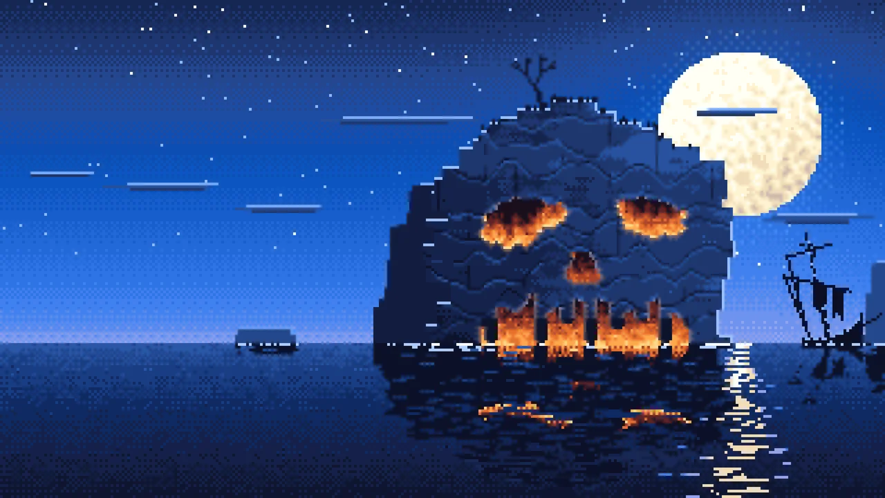 Blue Pixel Art Skull Rock at Night desktop wallpaper in 4K