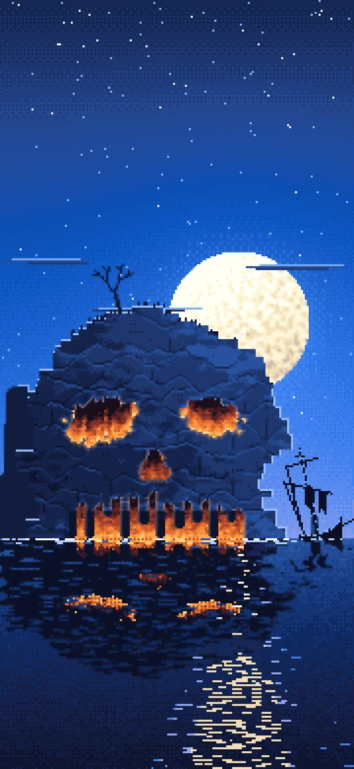 Blue Pixel Art Skull Rock at Night wallpaper for iPhone and Android