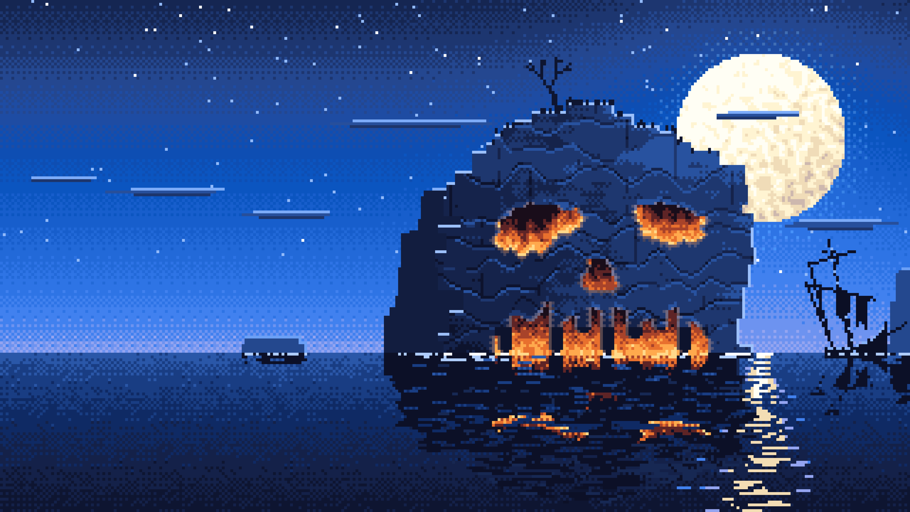 Blue Pixel Art Skull Rock at Night desktop wallpaper in 4K