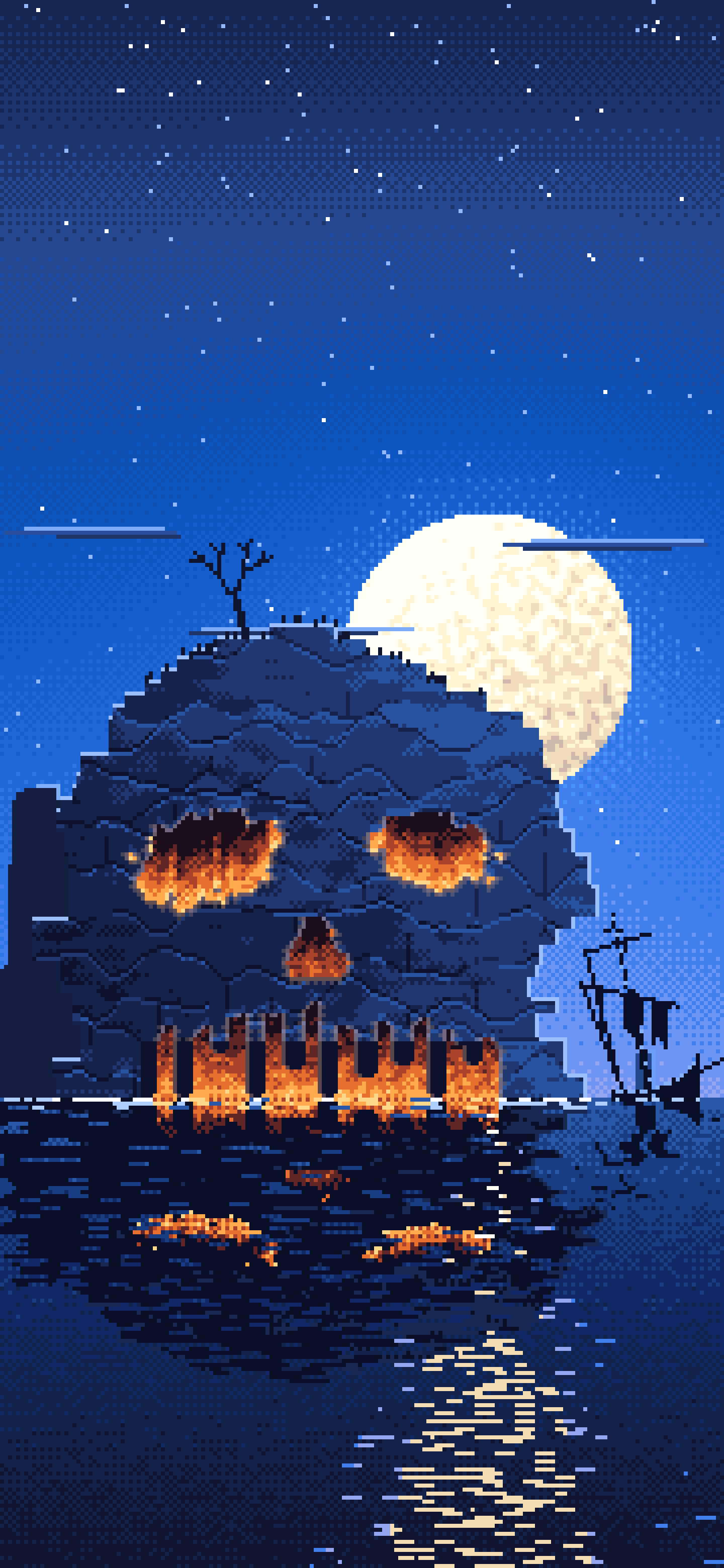 Blue Pixel Art Skull Rock at Night wallpaper for iPhone and Android