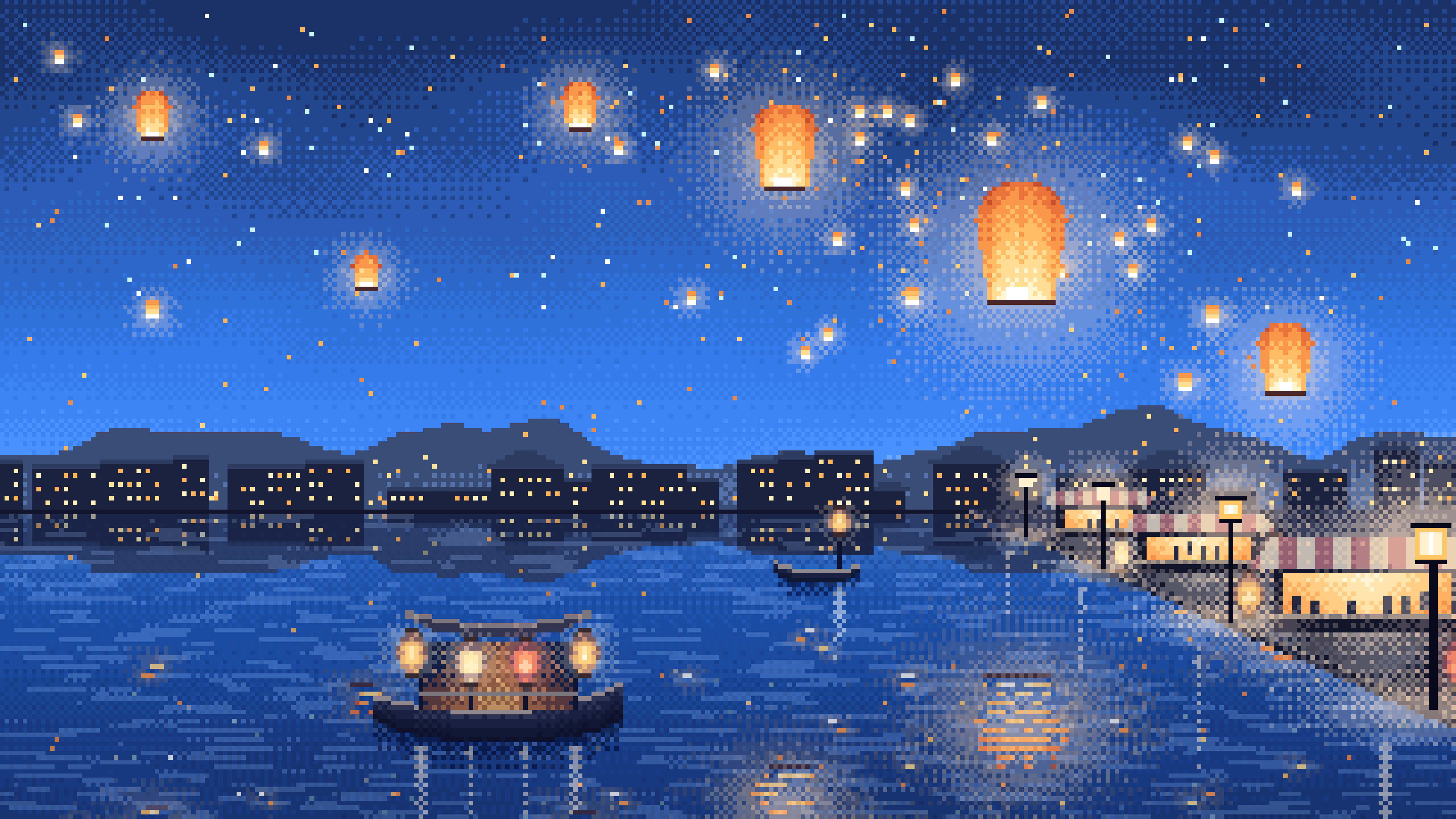 Blue Pixel Art Sky Lanterns Over a River desktop wallpaper in 4K