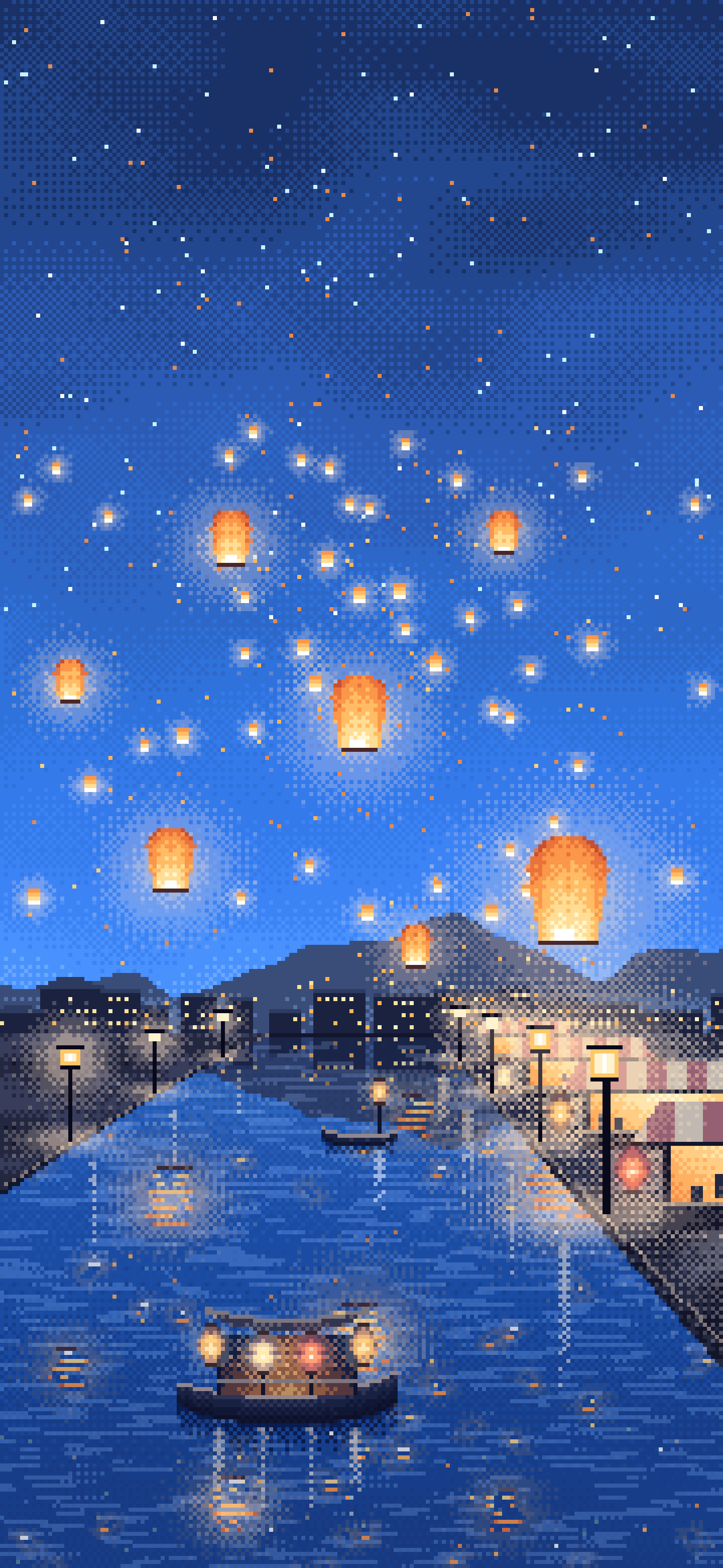 Blue Pixel Art Sky Lanterns Over a River wallpaper for iPhone and Android