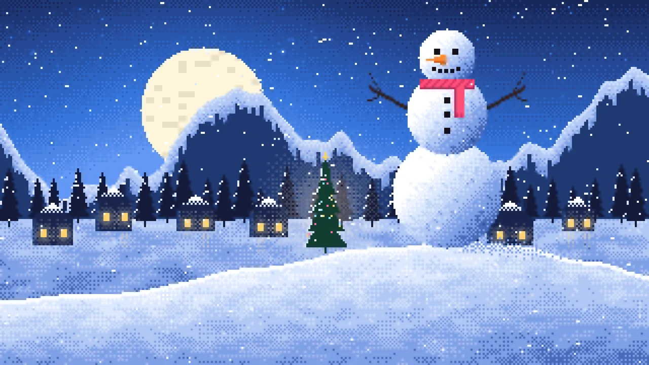Blue Pixel Art Snowman desktop wallpaper in 4K