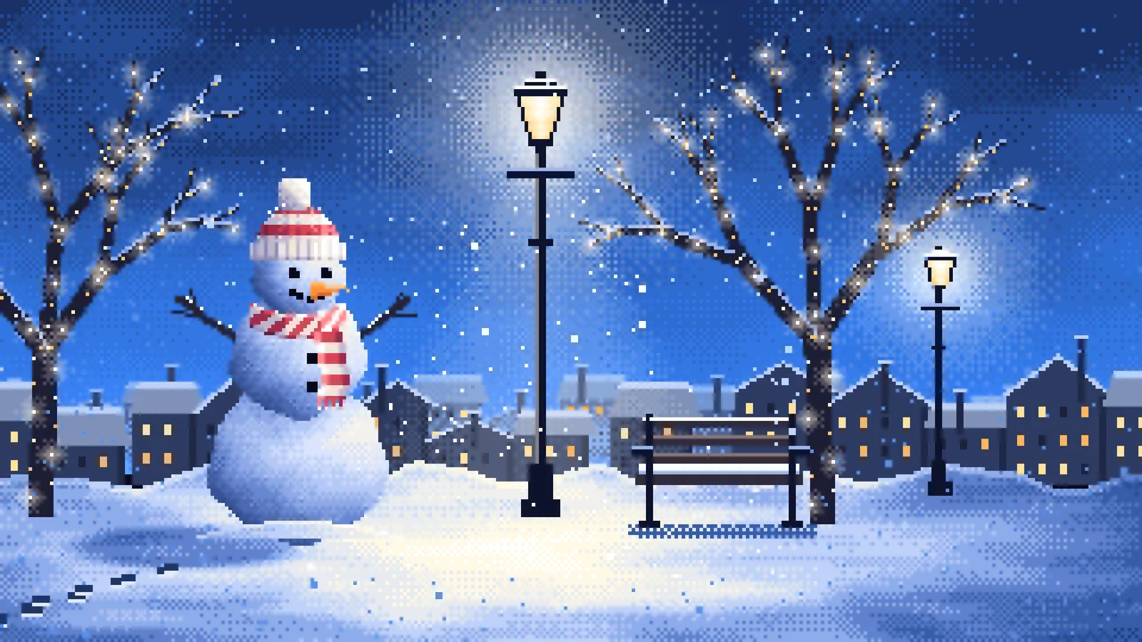 Blue Pixel Art Snowman Under a Street Lamp desktop wallpaper in 4K