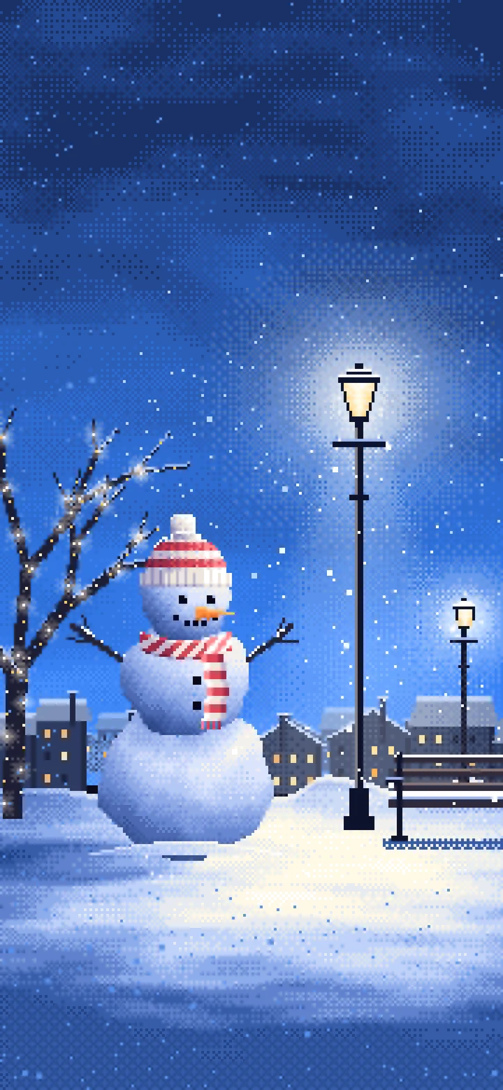 Blue Pixel Art Snowman Under a Street Lamp wallpaper for iPhone and Android