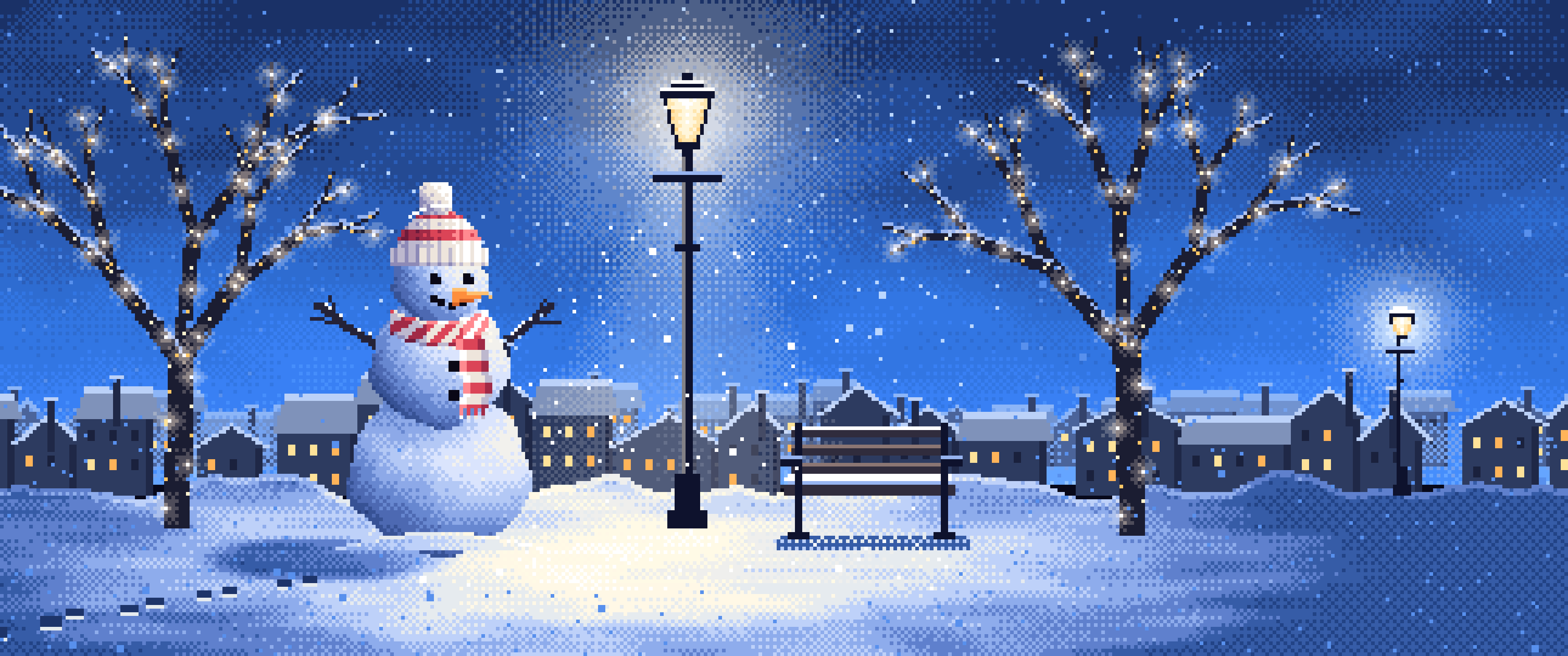 Blue Pixel Art Snowman Under a Street Lamp ultrawide wallpaper, 3440 × 1440