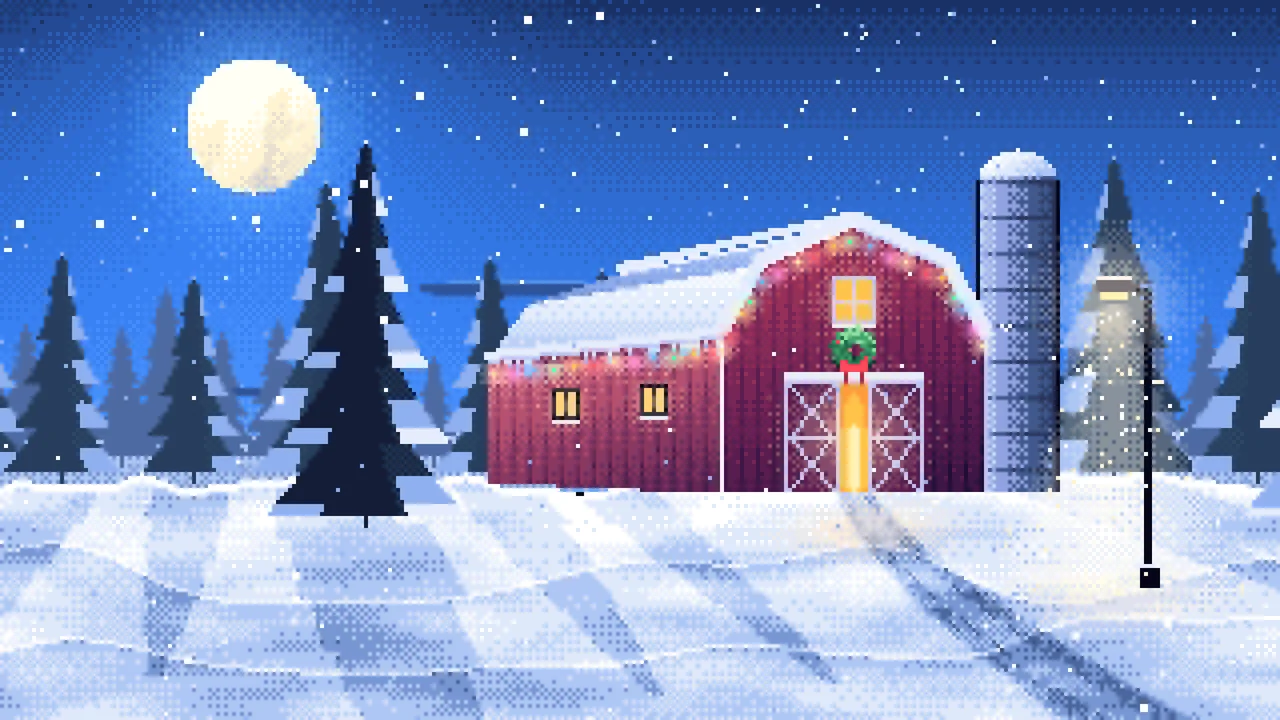 Blue Pixel Art Snowy Barn with Christmas Lights desktop wallpaper in 4K
