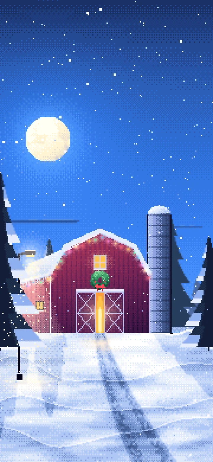 Blue Pixel Art Snowy Barn with Christmas Lights wallpaper for iPhone and Android
