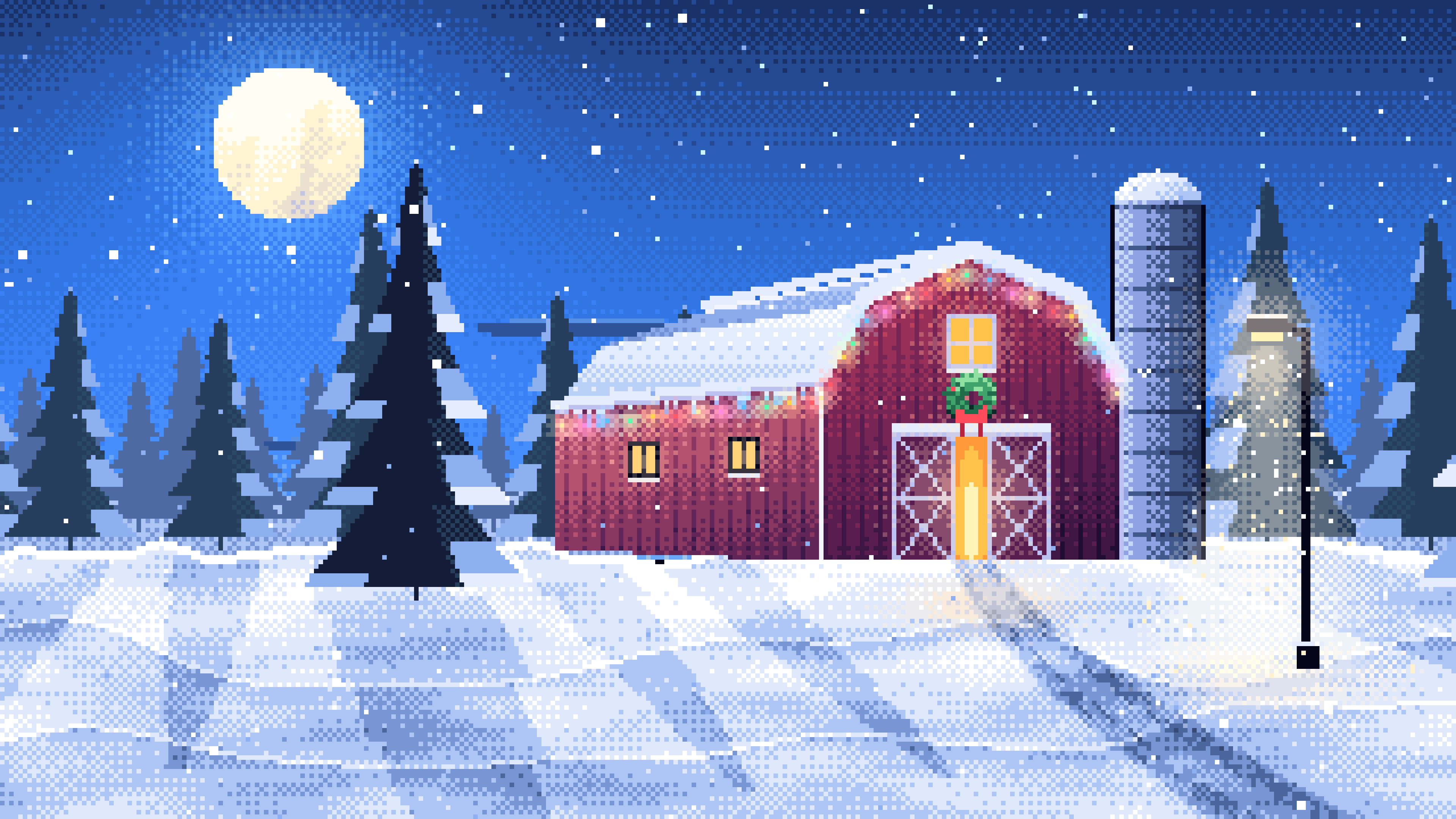 Blue Pixel Art Snowy Barn with Christmas Lights desktop wallpaper in 4K