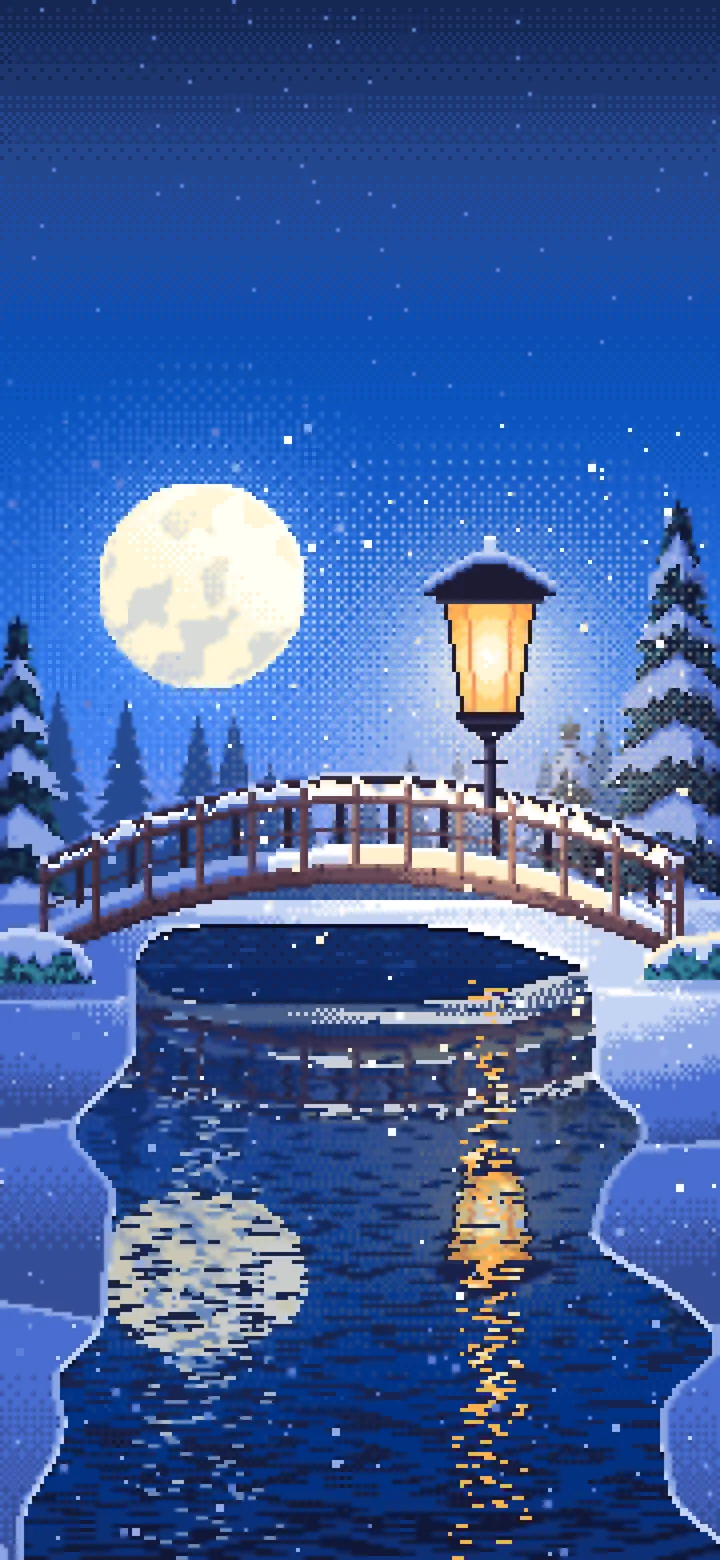Blue Pixel Art Snowy Bridge at Night wallpaper for iPhone and Android