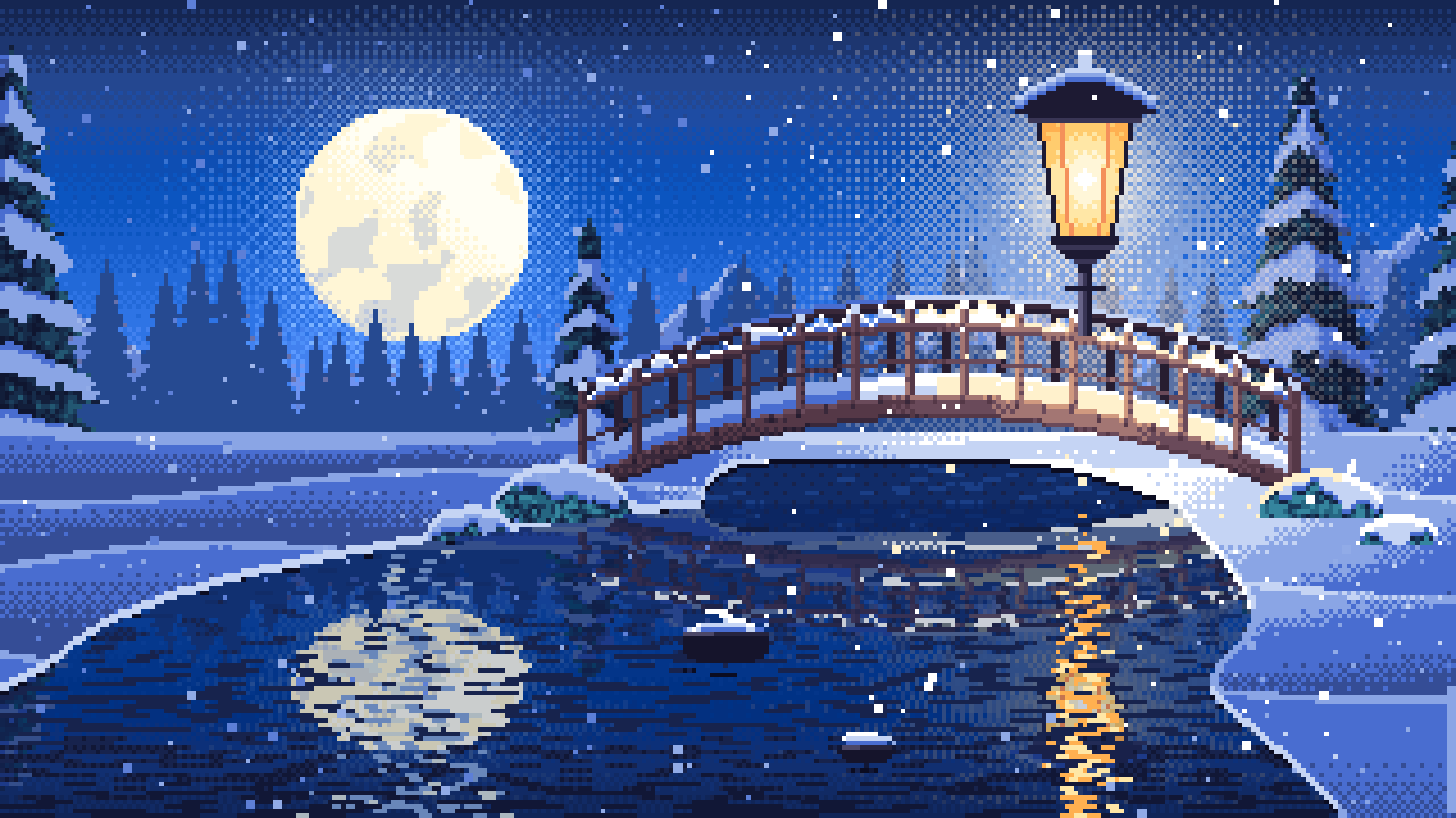 Blue Pixel Art Snowy Bridge at Night desktop wallpaper in 4K