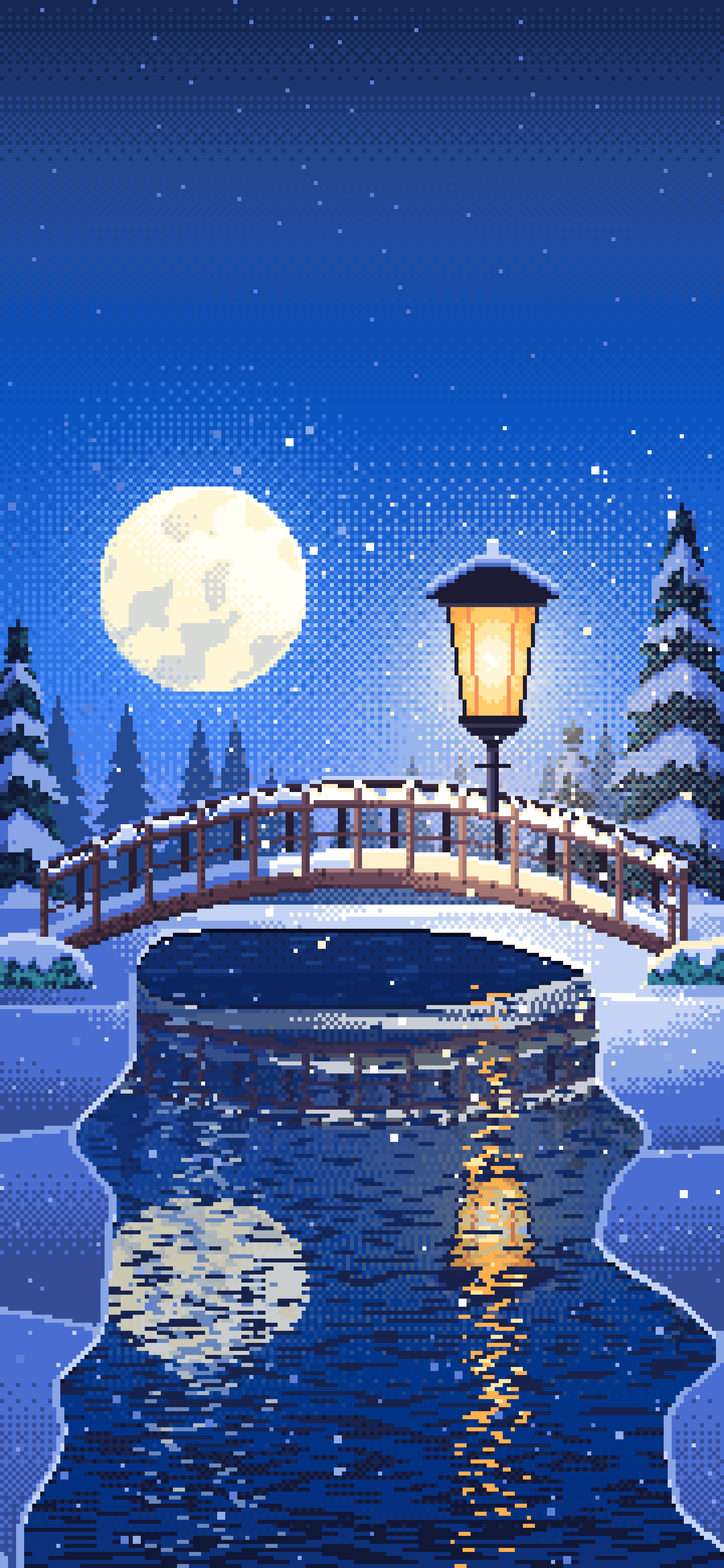 Blue Pixel Art Snowy Bridge at Night wallpaper for iPhone and Android