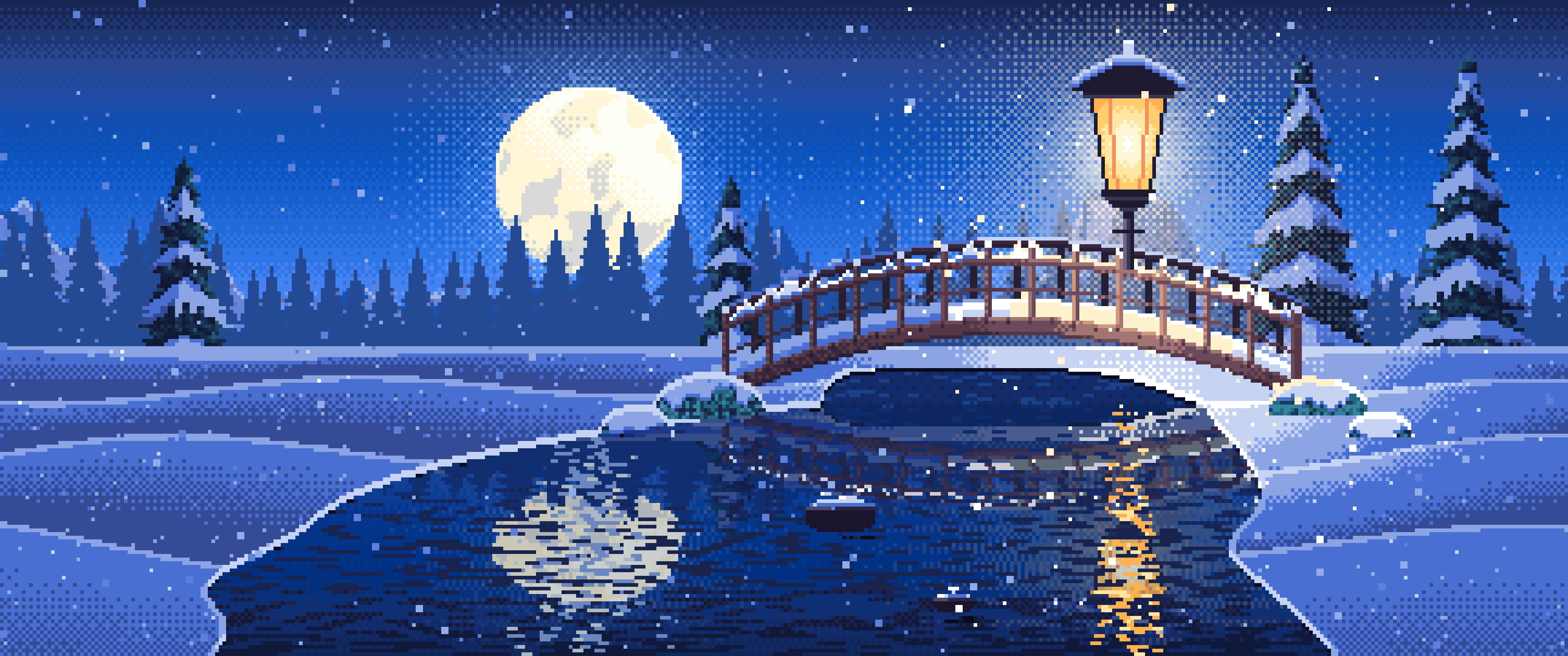 Blue Pixel Art Snowy Bridge at Night ultrawide wallpaper, 3440 × 1440