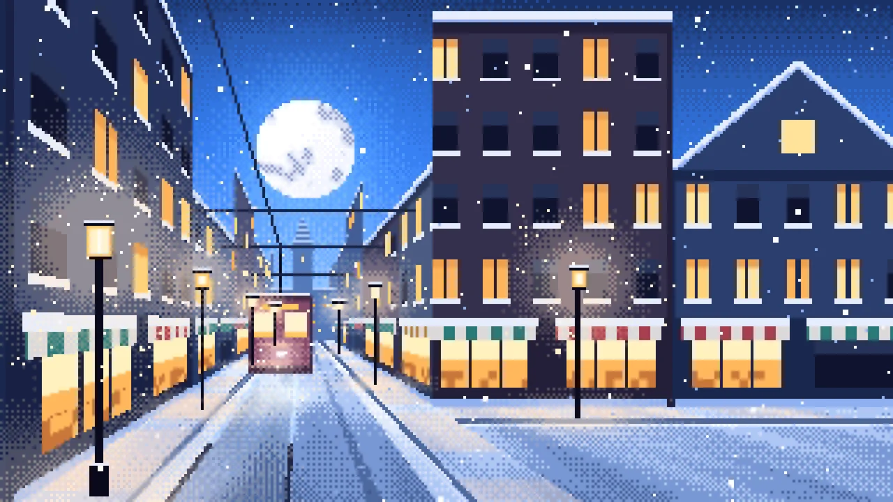 Blue Pixel Art Snowy City Street desktop wallpaper in 4K