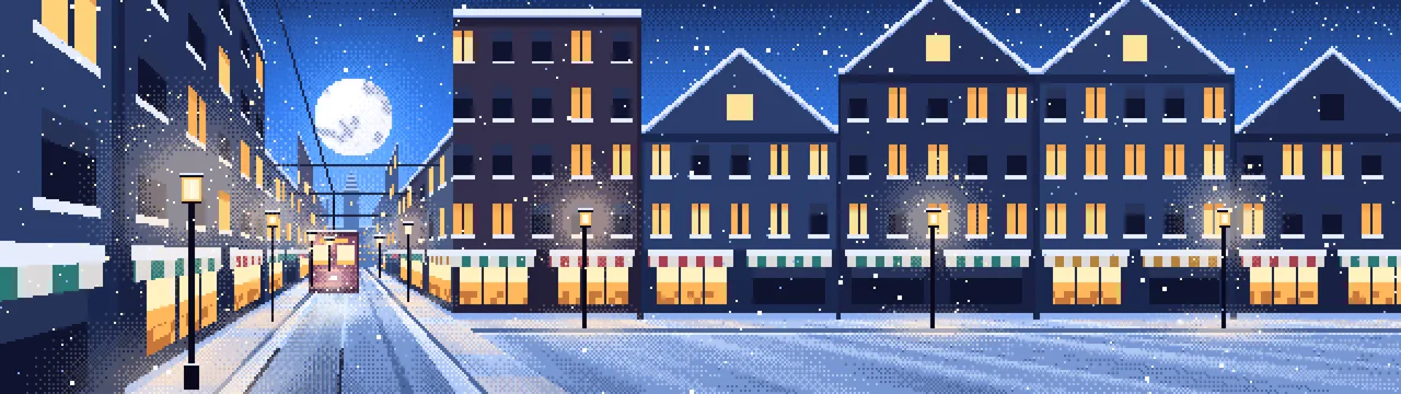 Blue Pixel Art Snowy City Street dual monitor wallpaper, 7680 × 2160
