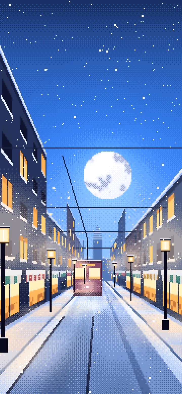 Blue Pixel Art Snowy City Street wallpaper for iPhone and Android