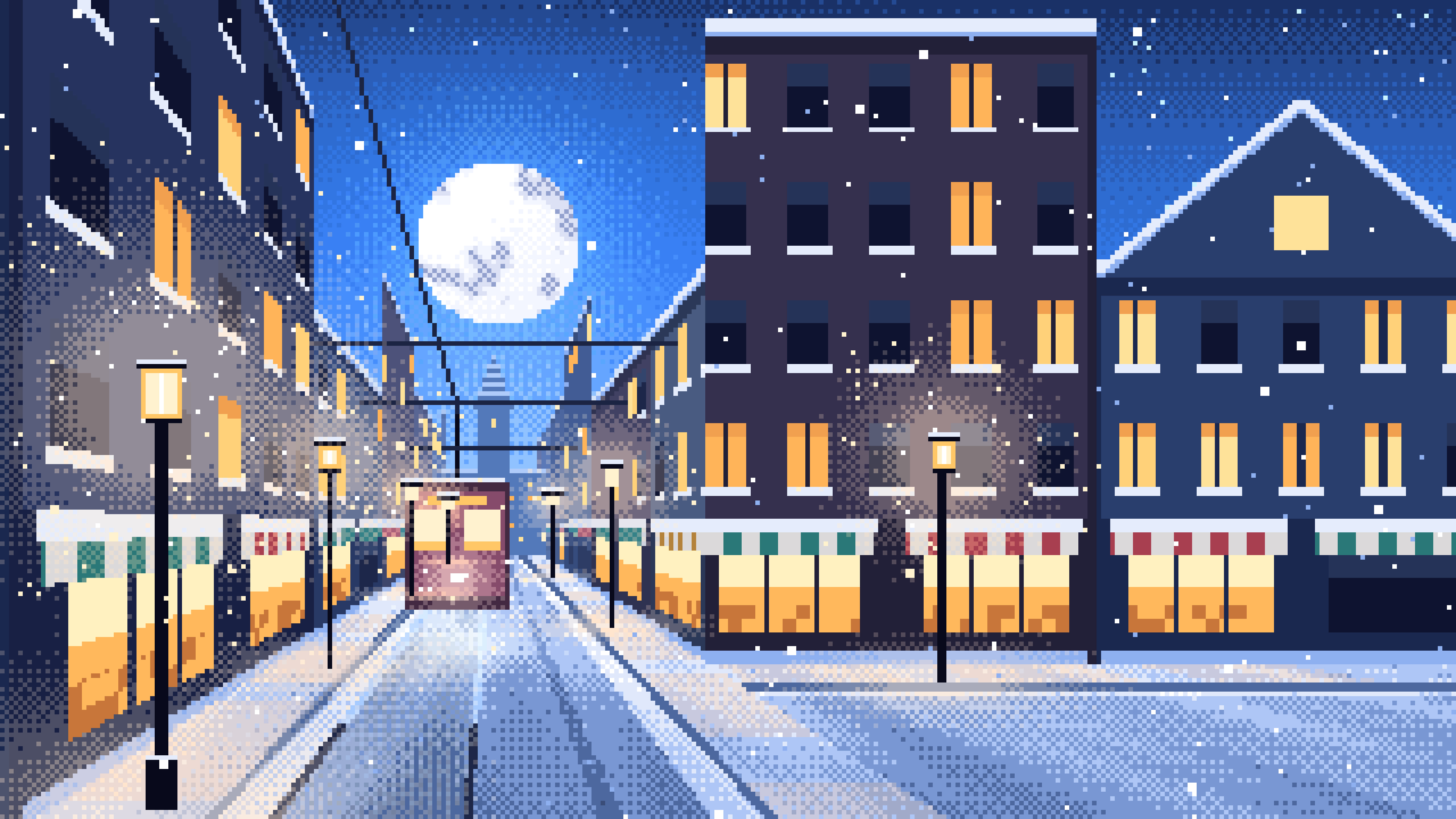 Blue Pixel Art Snowy City Street desktop wallpaper in 4K