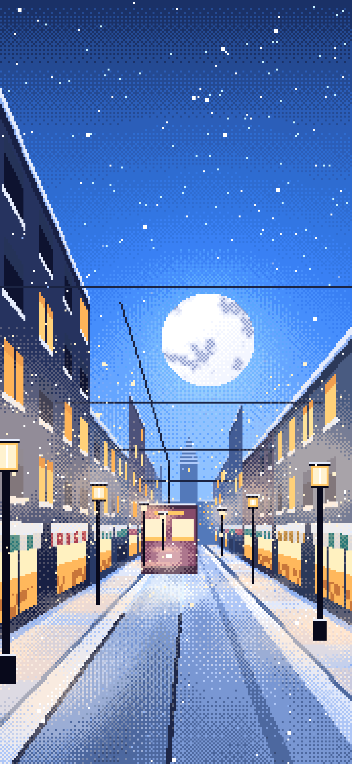Blue Pixel Art Snowy City Street wallpaper for iPhone and Android
