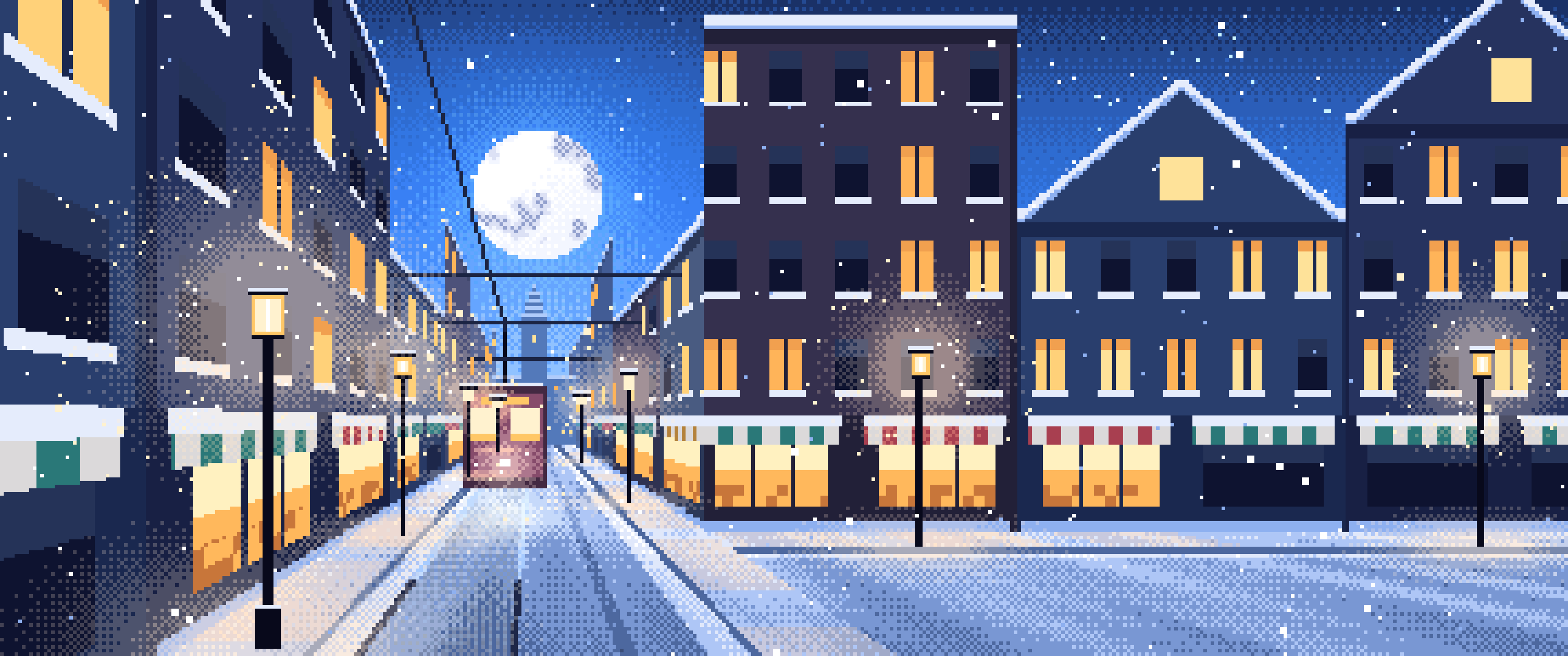 Blue Pixel Art Snowy City Street ultrawide wallpaper, 3440 × 1440