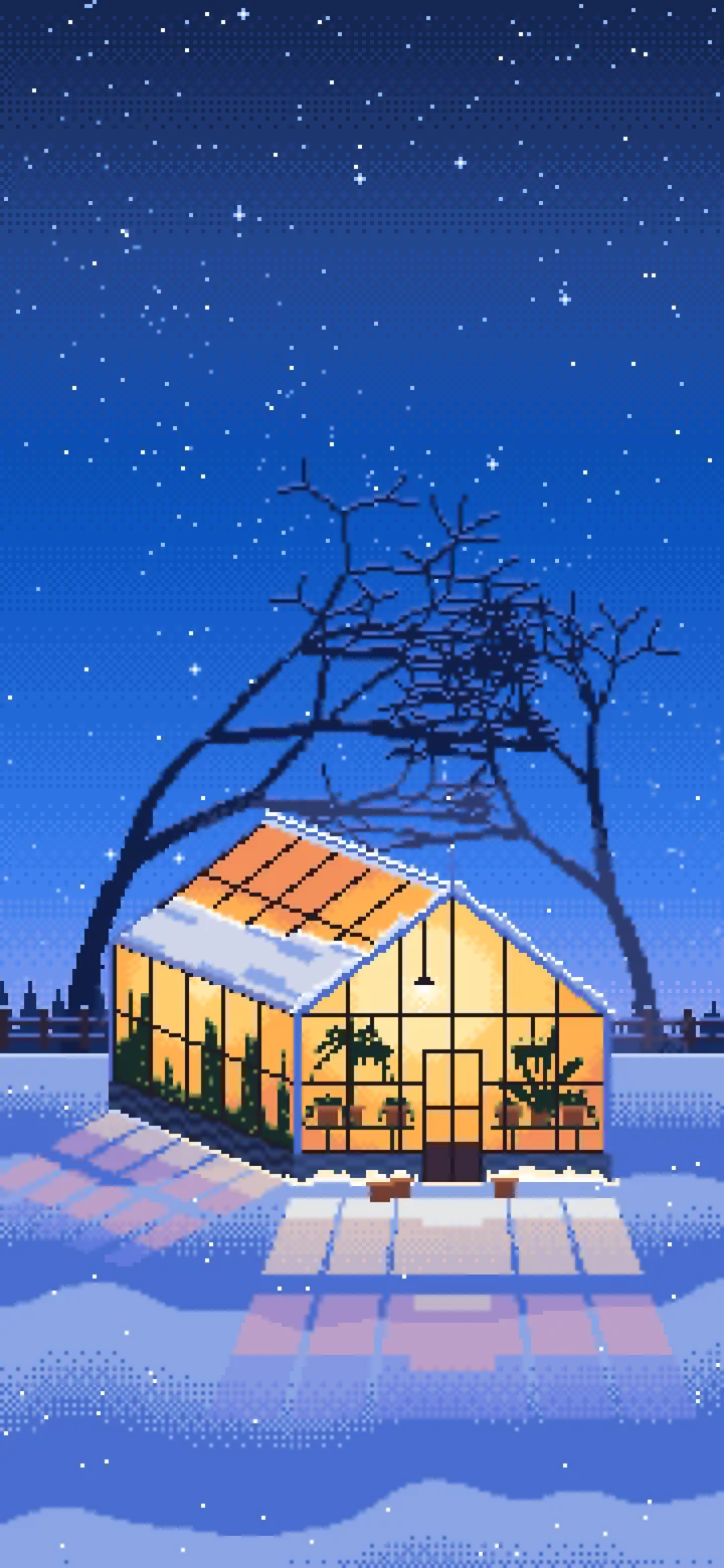 Blue Pixel Art Snowy Greenhouse at Night wallpaper for iPhone and Android