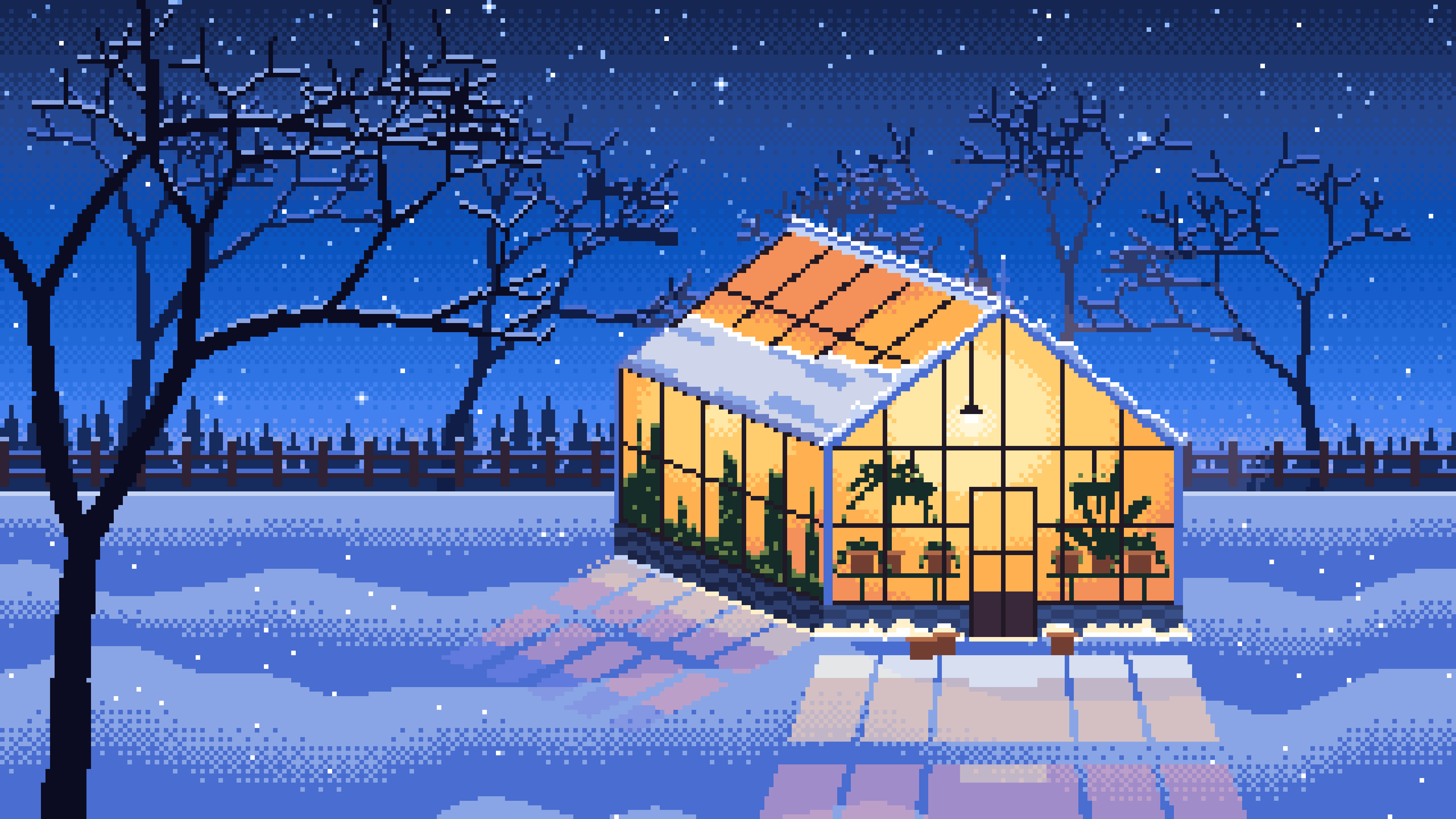 Blue Pixel Art Snowy Greenhouse at Night desktop wallpaper in 4K