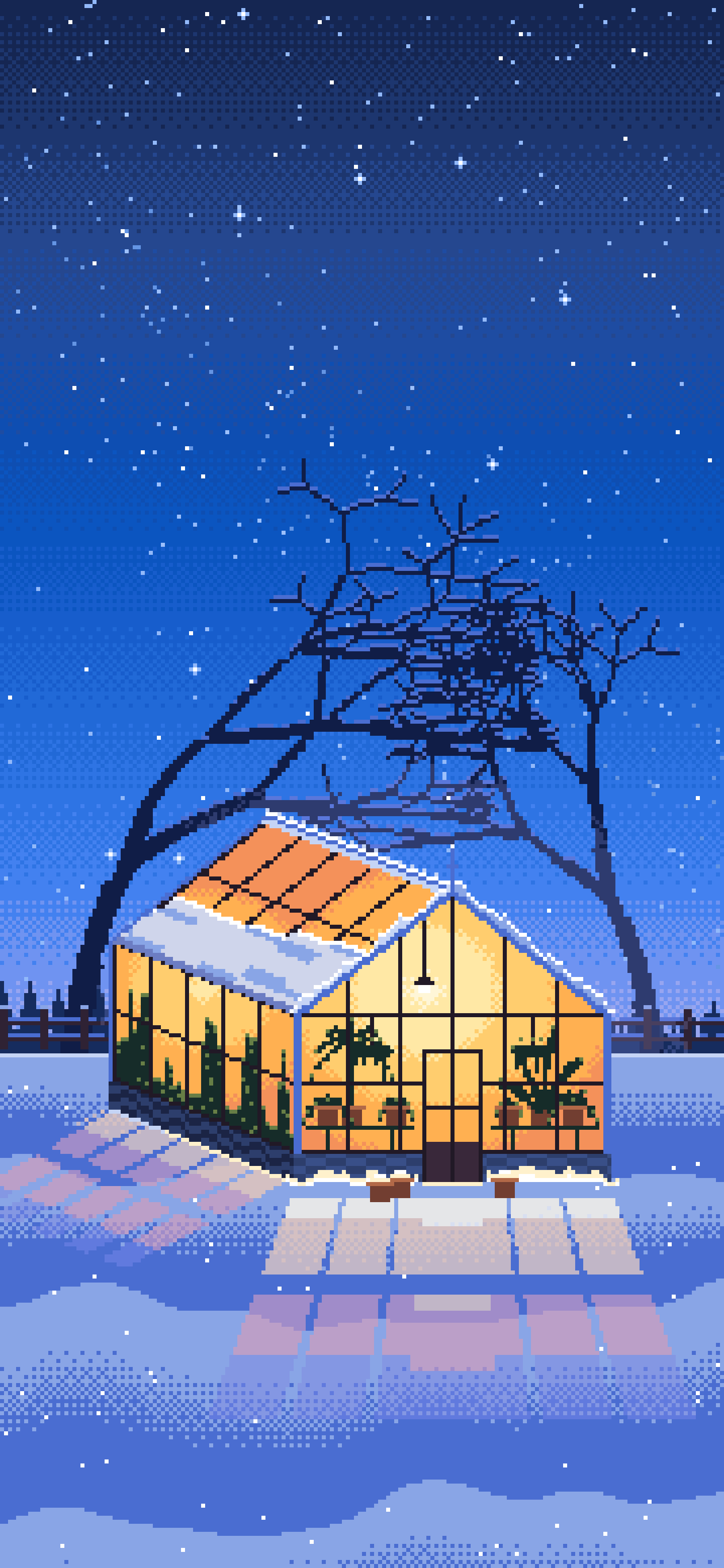 Blue Pixel Art Snowy Greenhouse at Night wallpaper for iPhone and Android