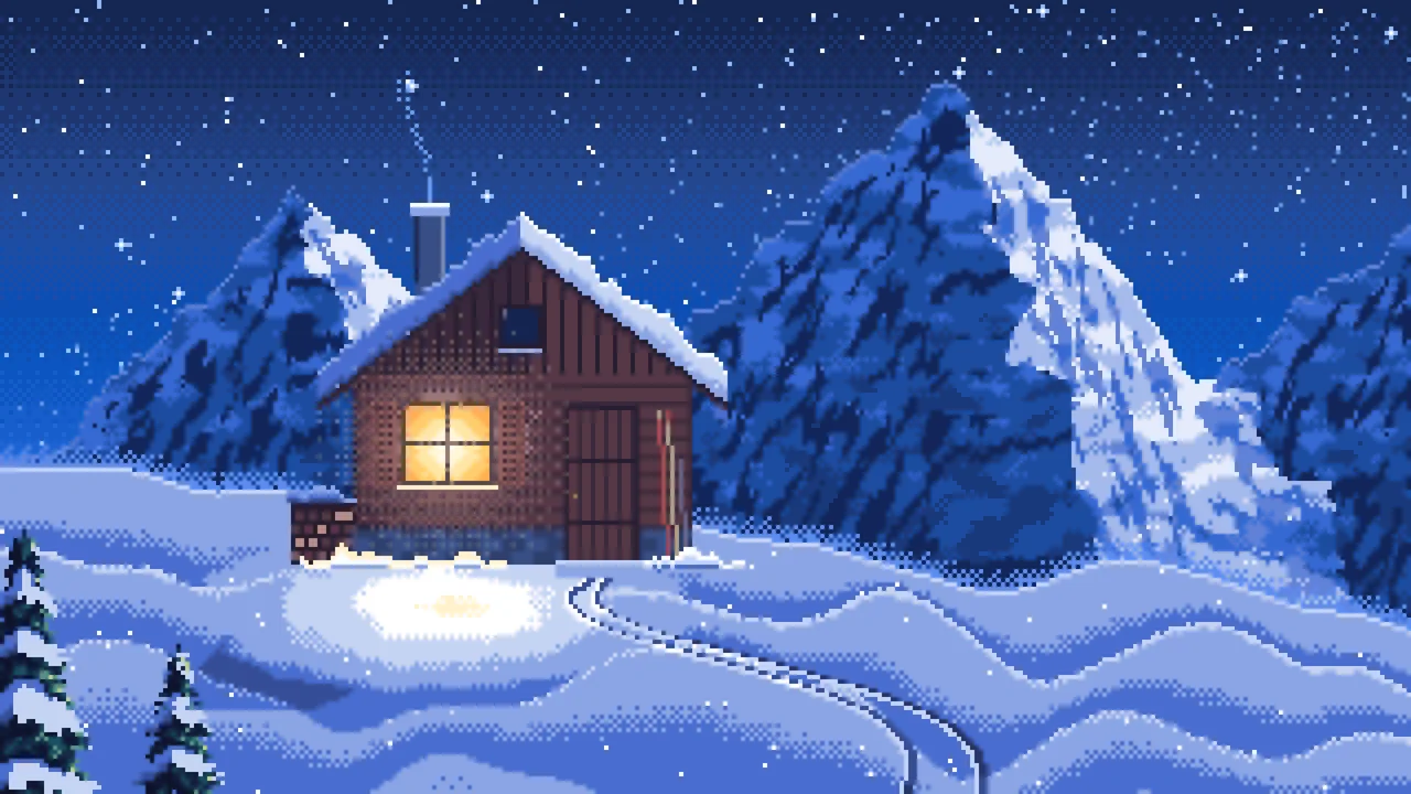 Blue Pixel Art Snowy Mountain Hut Under the Stars desktop wallpaper in 4K