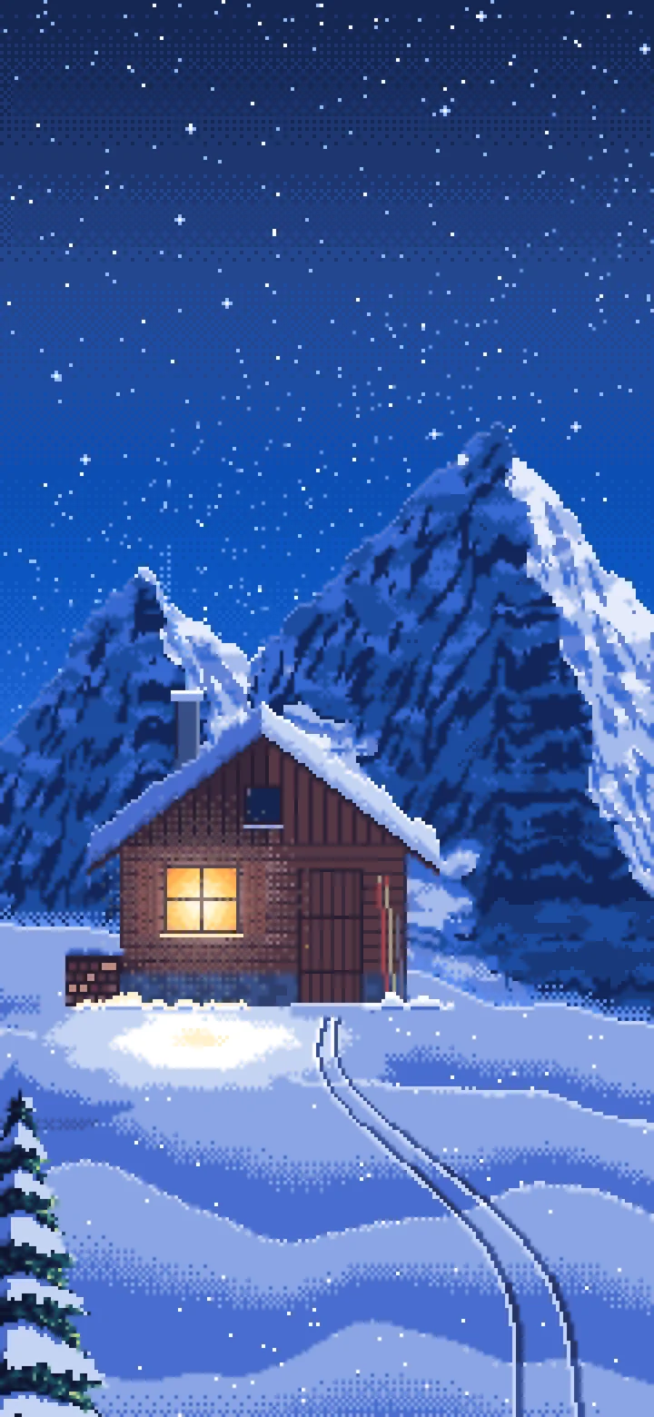 Blue Pixel Art Snowy Mountain Hut Under the Stars wallpaper for iPhone and Android