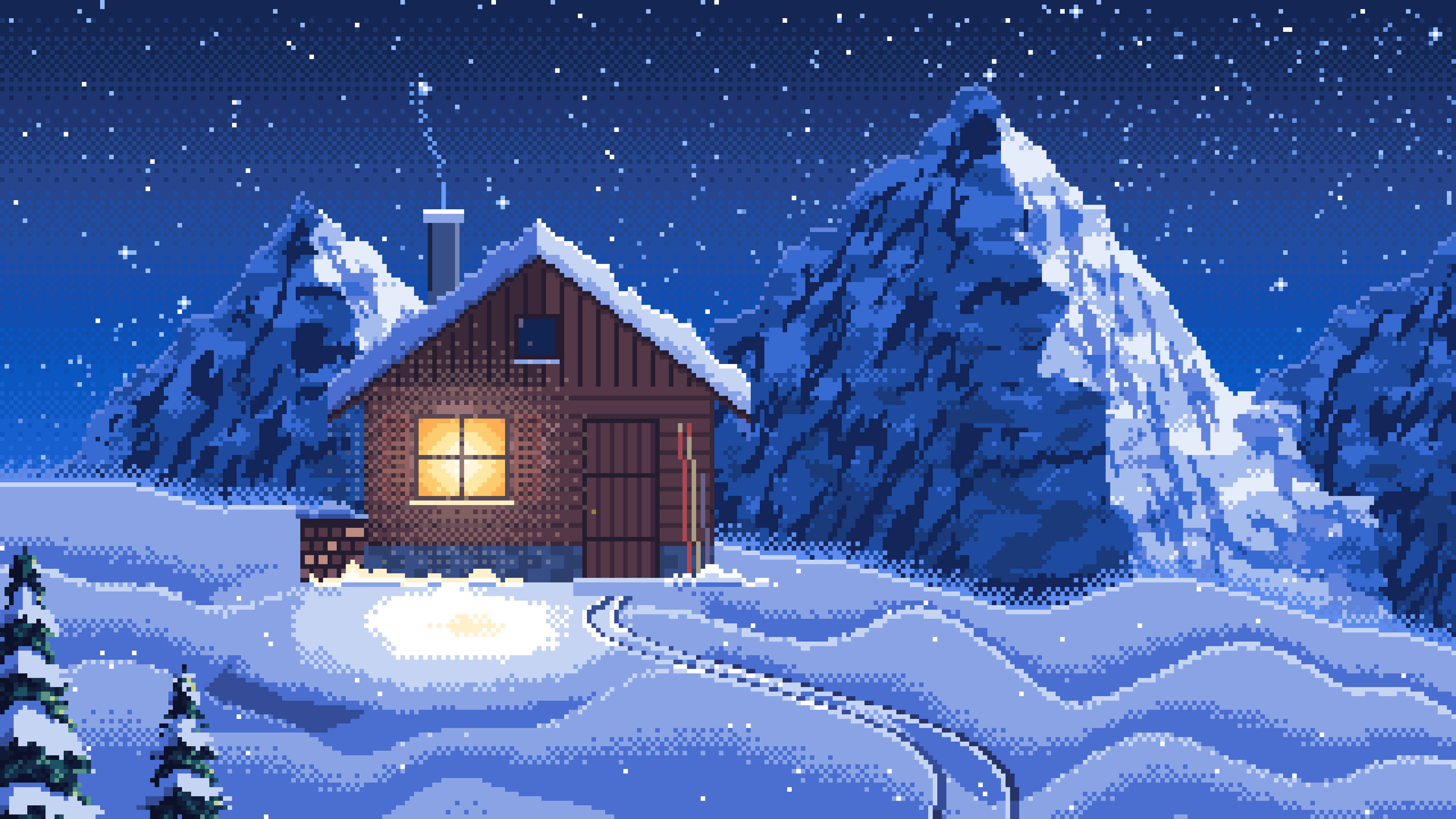 Blue Pixel Art Snowy Mountain Hut Under the Stars desktop wallpaper in 4K