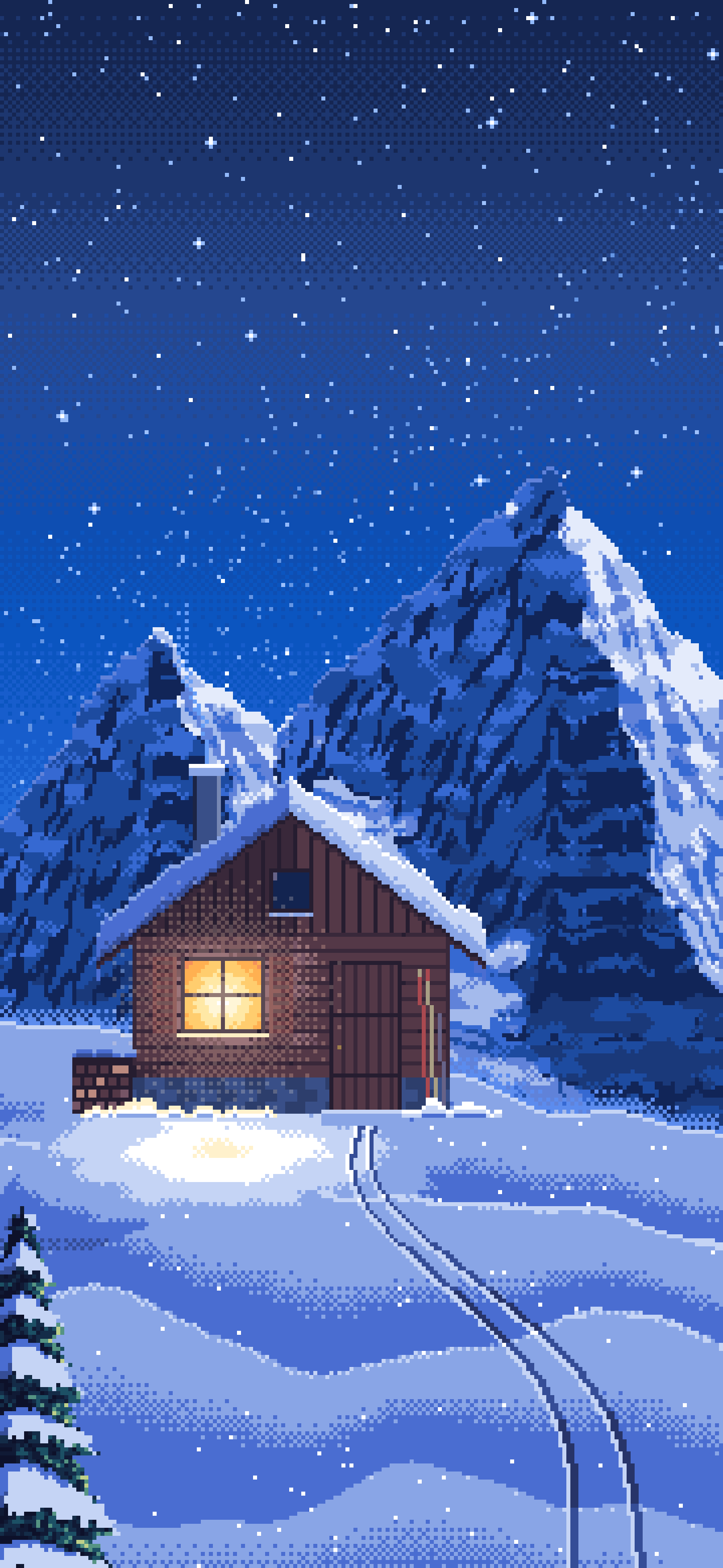 Blue Pixel Art Snowy Mountain Hut Under the Stars wallpaper for iPhone and Android